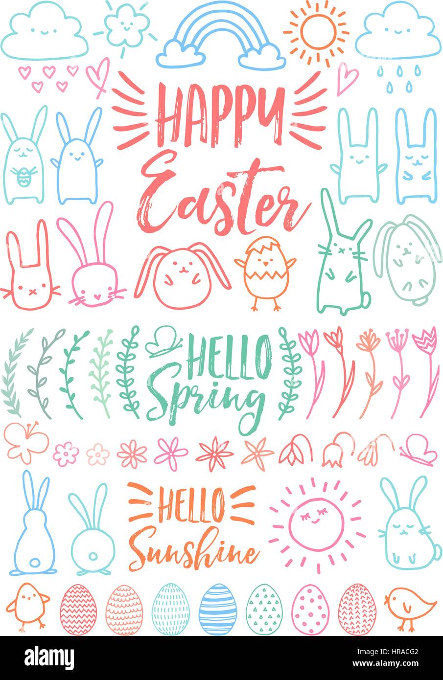 Felice Pasqua, disegnati a mano coniglietti, uova e scarabocchi floreali, set di vettore di elementi di design Illustrazione Vettoriale