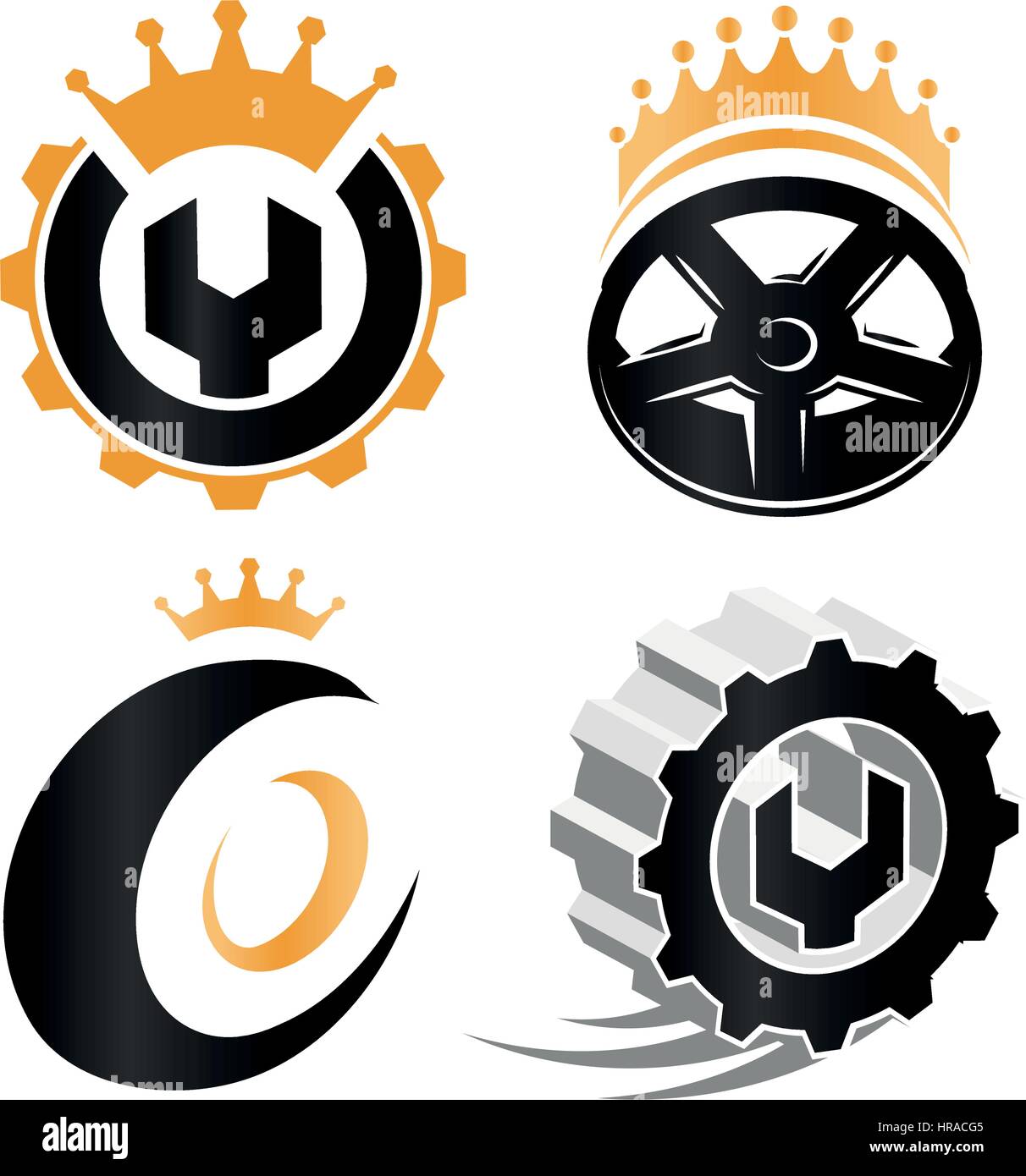 Abstract isolato riparare i dettagli del servizio Logo, set di ruote per auto elementi, attrezzi meccanici illustrazioni vettoriali collezione sul bianco. Illustrazione Vettoriale