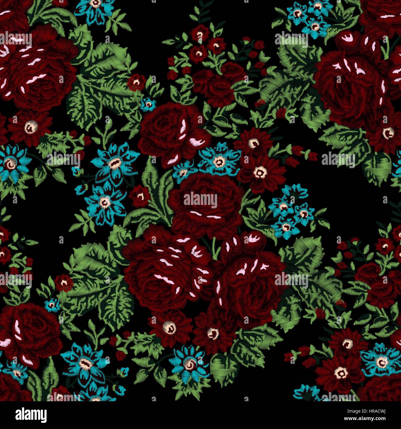 Seamless pattern ricamato. Lussuoso bouquet di rose rosse su sfondo nero. In stile vintage. Illustrazione Vettoriale