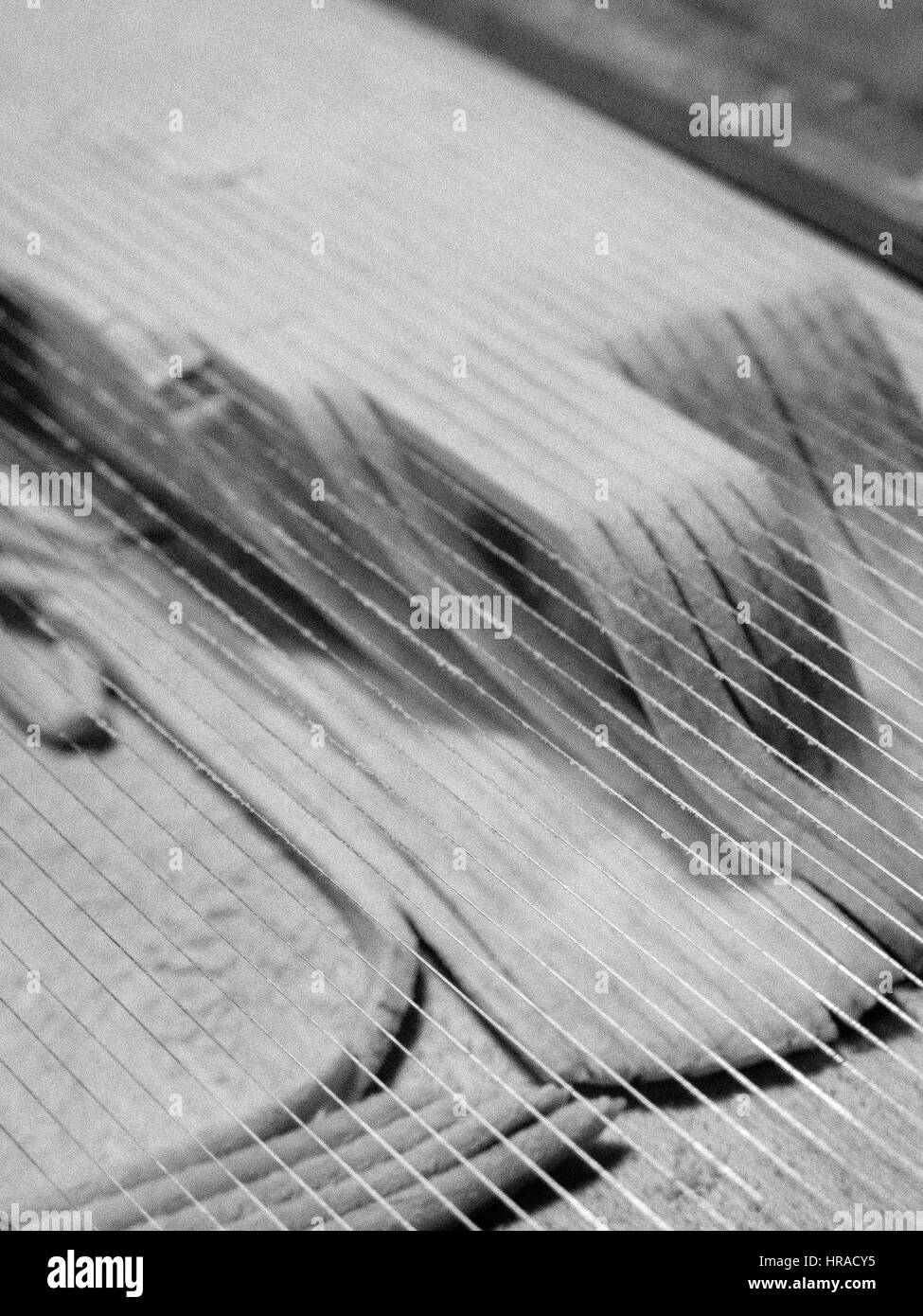 Pasta fatta in casa la pasta su una chitarra rendendo fettucine Foto Stock