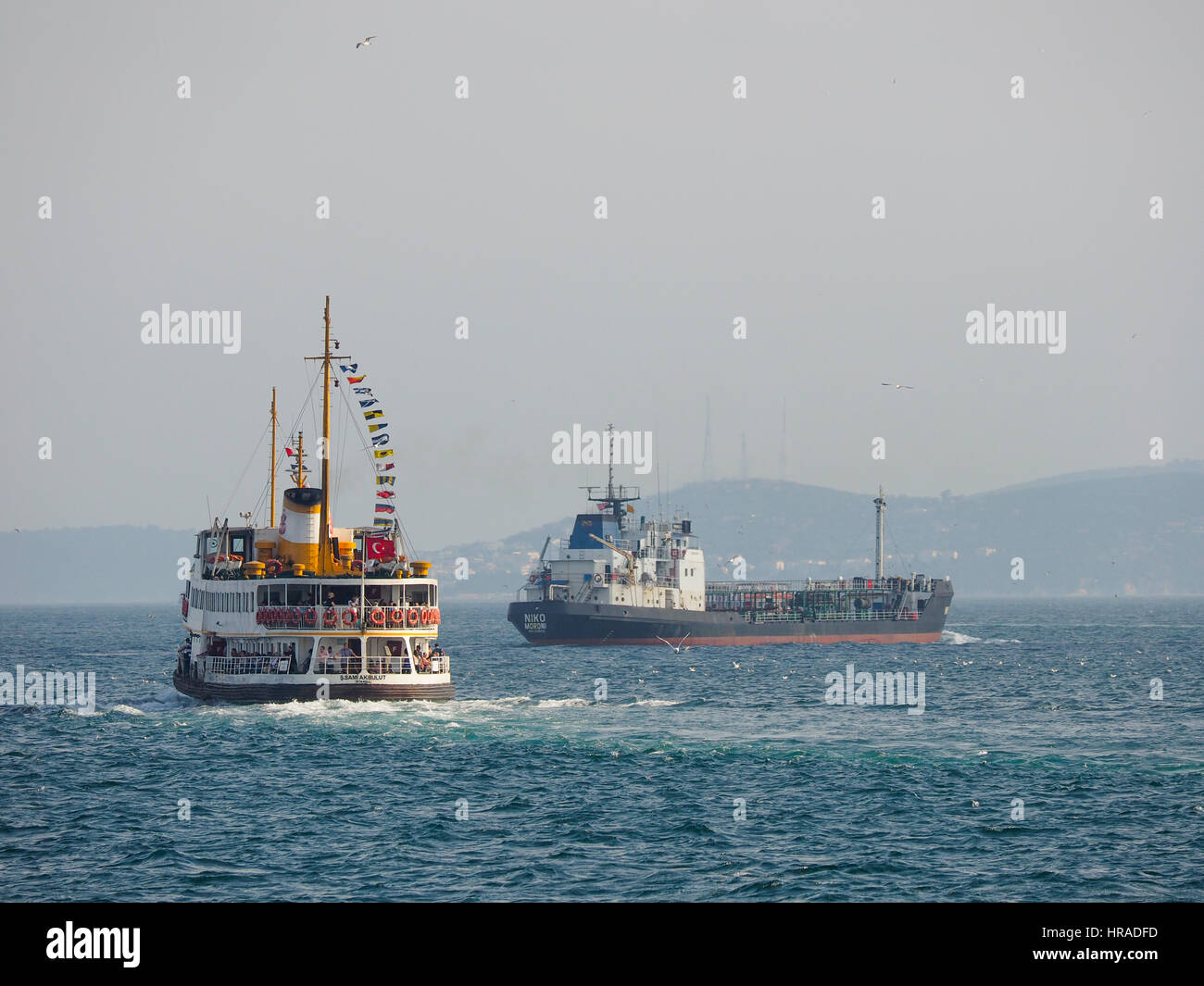 Nave traghetto in viaggio da porto a porto con i viaggiatori e vedute di Istanbul dal Bosforo, Turchia. Foto Stock