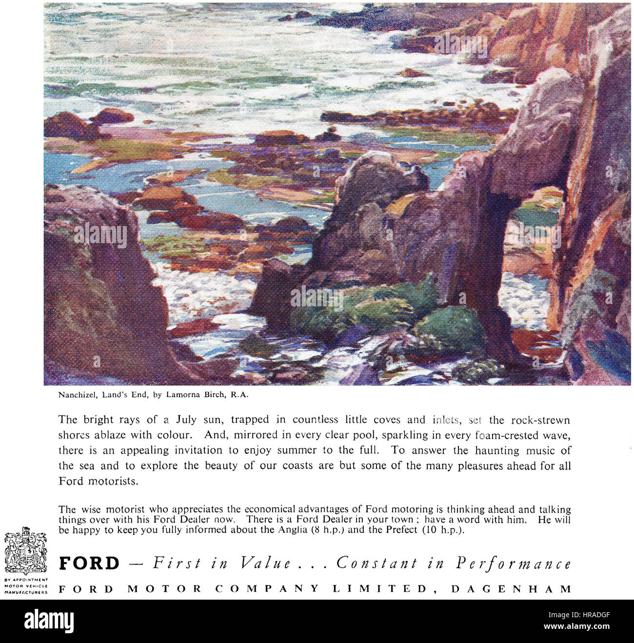 1946 British pubblicità per Ford Motor Cars, dotate di un dipinto del Land's End da Lamora betulla. Foto Stock