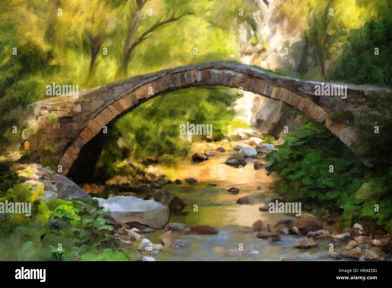 Pittura di olio autunno river e il ponte di pietra Foto Stock