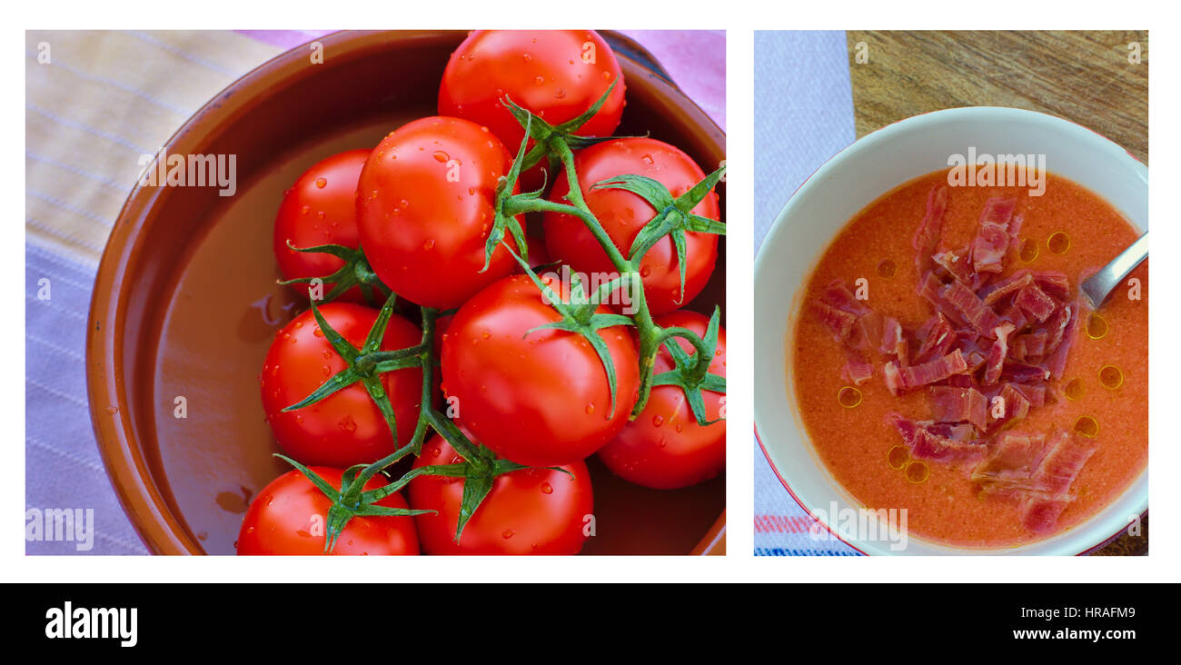 Salmorejo cordobes e il suo ingrediente principale- pomodori freschi.Salmorejo cordobes y su ingrediente principale. Foto Stock