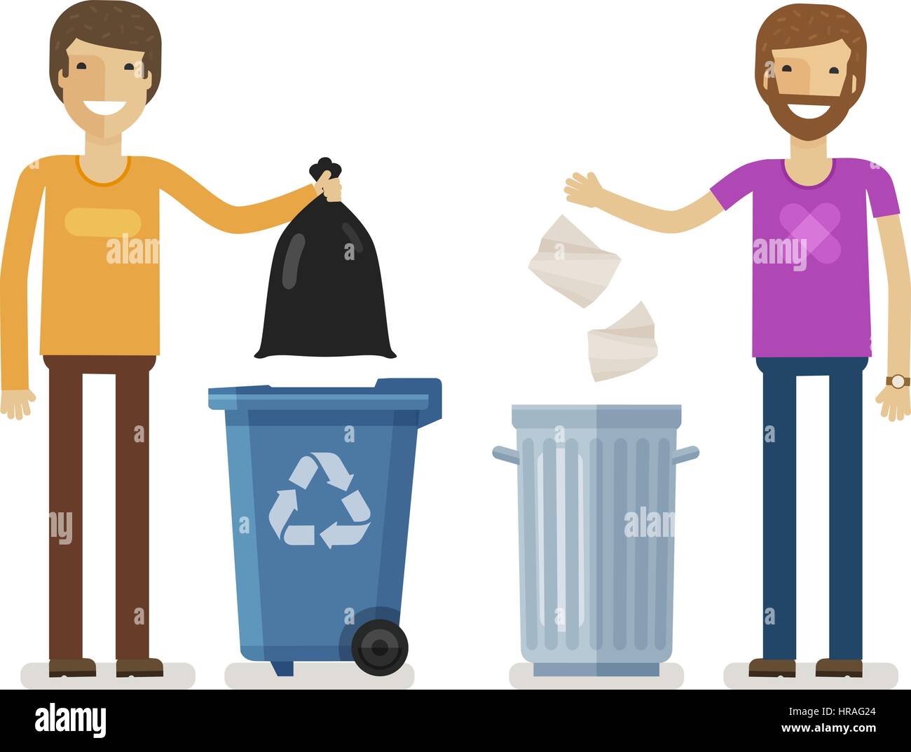 Umano, un uomo getta i rifiuti nel cestino dell'immondizia. Il volontariato persone, ecologia, ambiente concetto. Caratteri piatta illustrazione vettoriale Illustrazione Vettoriale