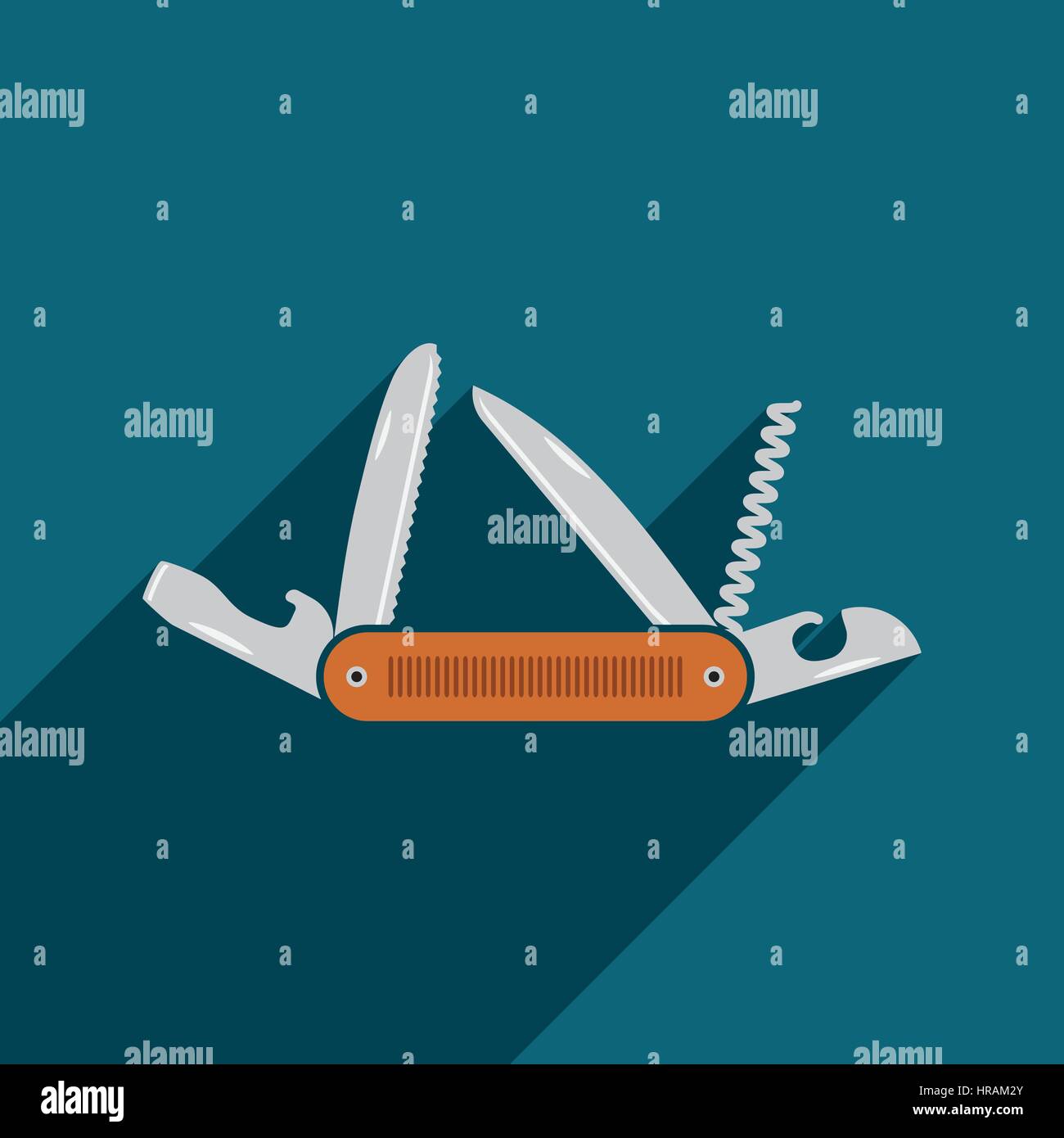 Tasca multifunzione icona coltello. Design piatto di escursionismo e attrezzature per il campeggio attrezzo, illustrazione vettoriale con lunga ombra. Illustrazione Vettoriale