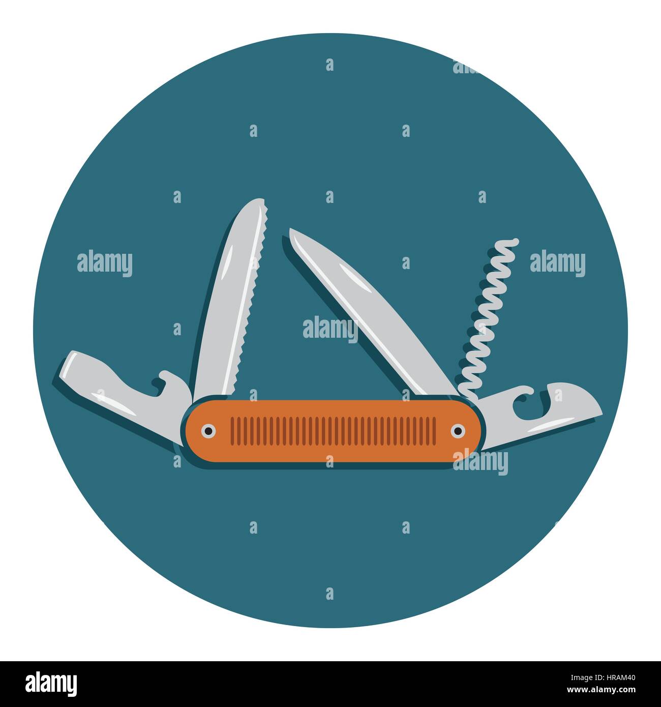 Tasca multifunzione icona coltello. Design piatto di escursionismo e attrezzature per il campeggio attrezzo, illustrazione vettoriale con lunga ombra. Illustrazione Vettoriale