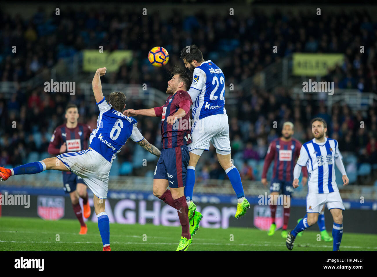 San Sebastian, Spagna. 28 Feb, 2017. Match Day di La Liga Santander 2016 - 2017 stagione tra Real Sociedad e S.D Eibar, giocato Stadio Anoeta, giovedì 28 marzo, 2017. San Sebastian, Spagna. 9 Sergi arricchire. Credito: VWPics/Alamy Live News Foto Stock