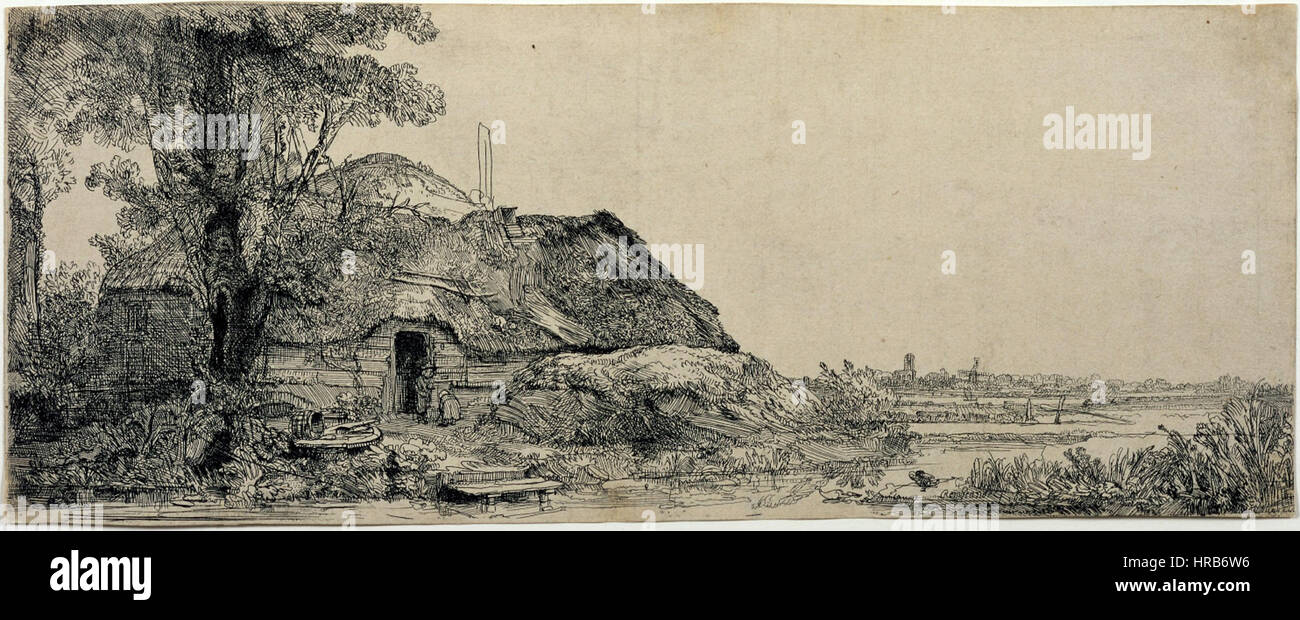 Rembrandt van Rijn - Paesaggio con un cottage e un grande albero Foto Stock