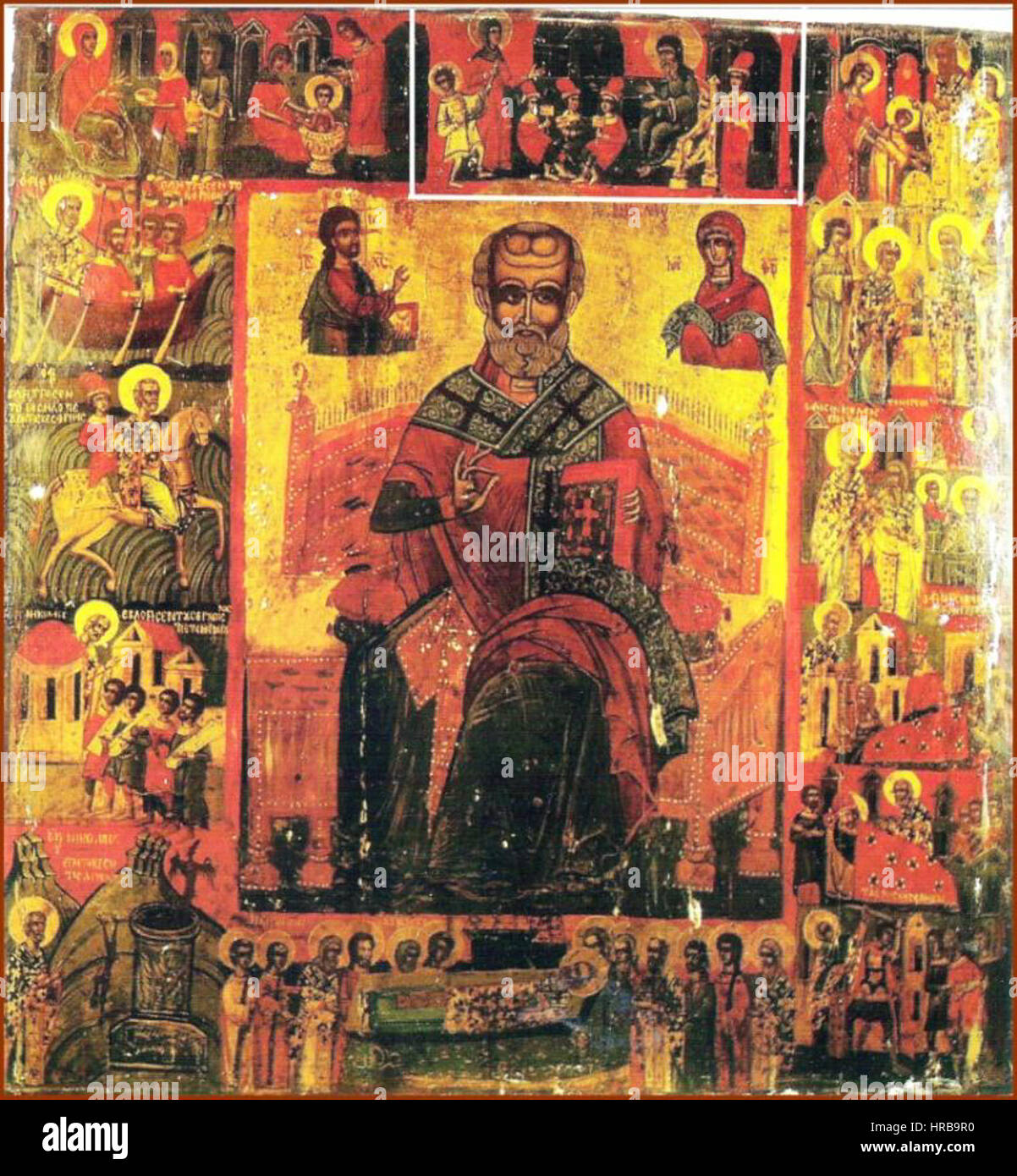 San Nicola e San Charalambos Chiesa, Kastoria, Saint Nicholas Icona con scene tratte dalla sua vita Foto Stock
