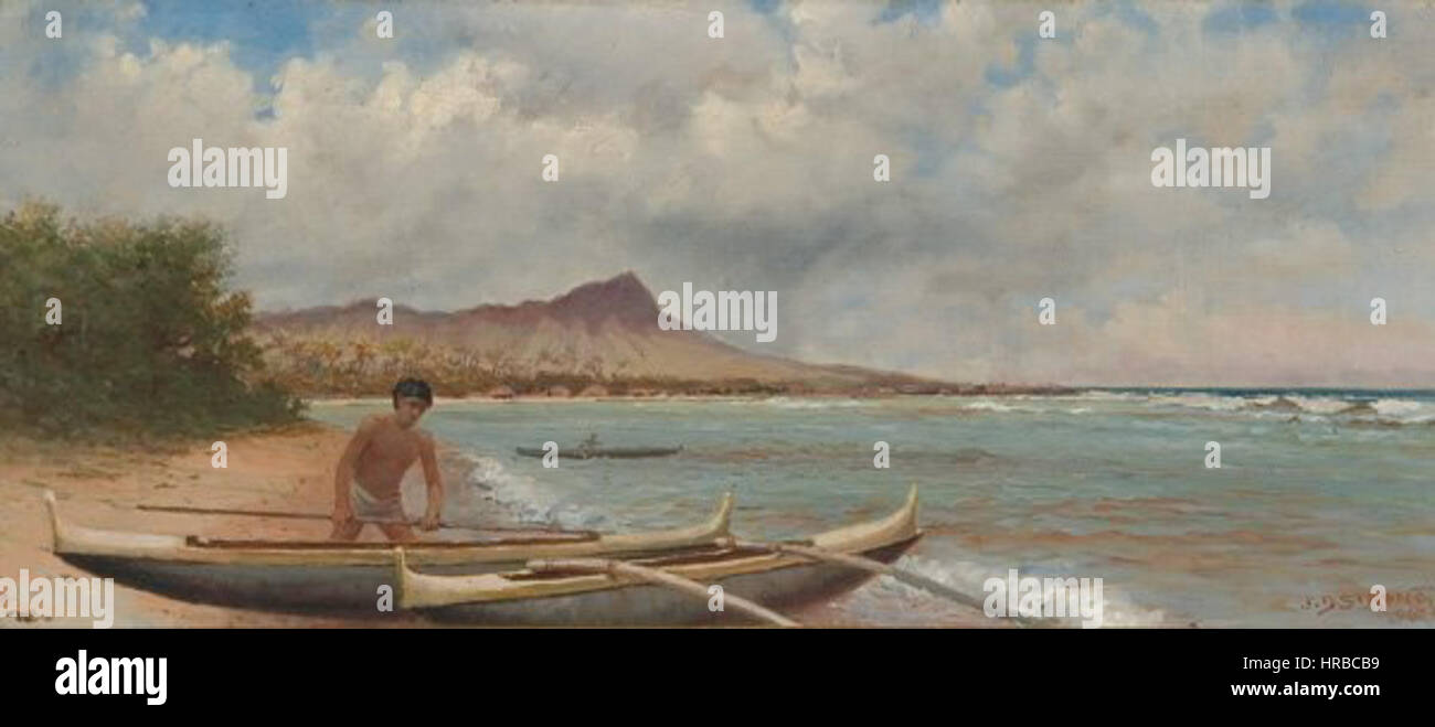 Giuseppe Dwight forte dell'olio su tela dipinto 'Pescatore Hawaiiani vicino al Diamond Head', 1895, 10 x 22 Foto Stock