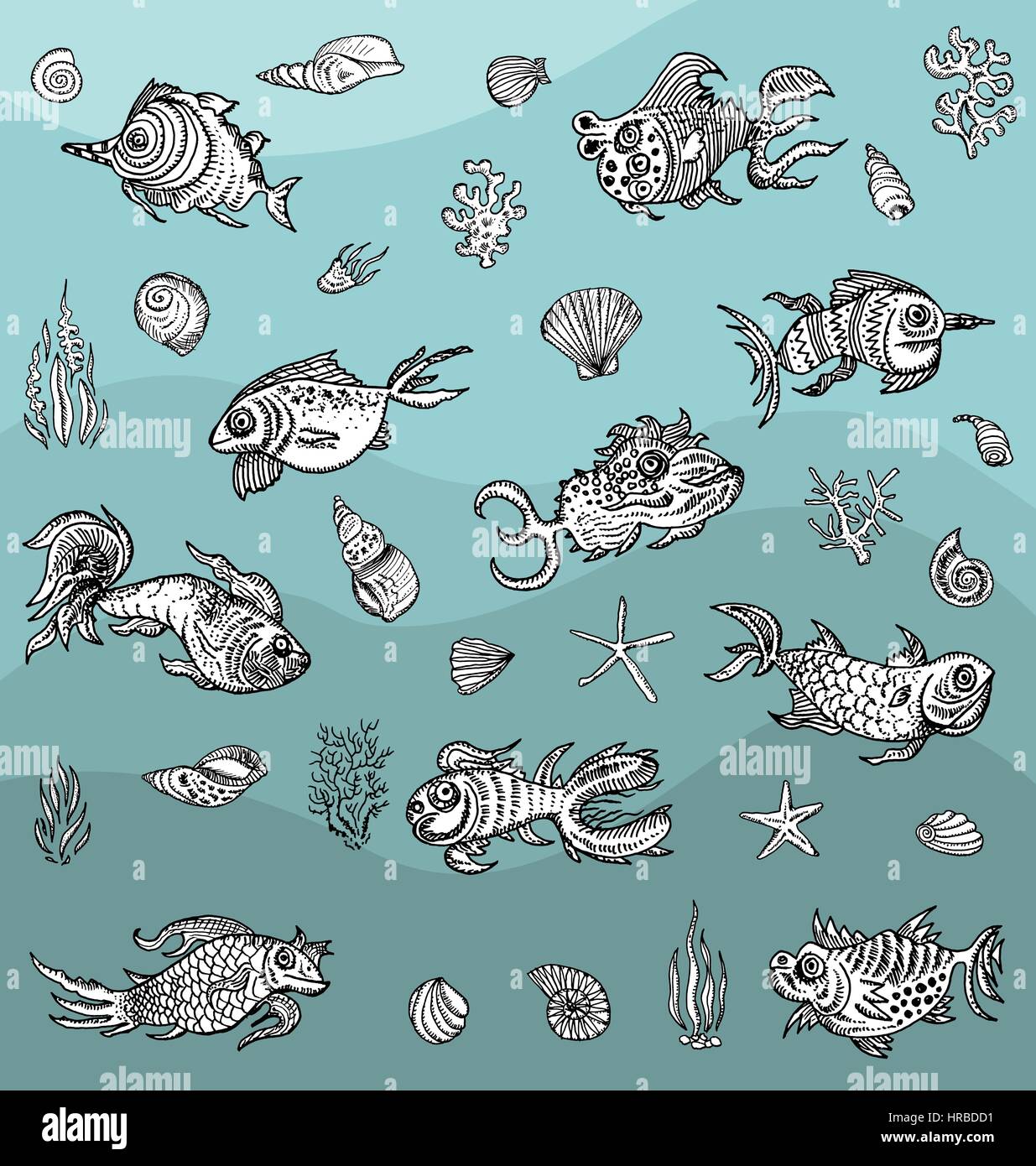 Pesce mostro bozzetti set. Disegnata a mano vector set marino Illustrazione Vettoriale