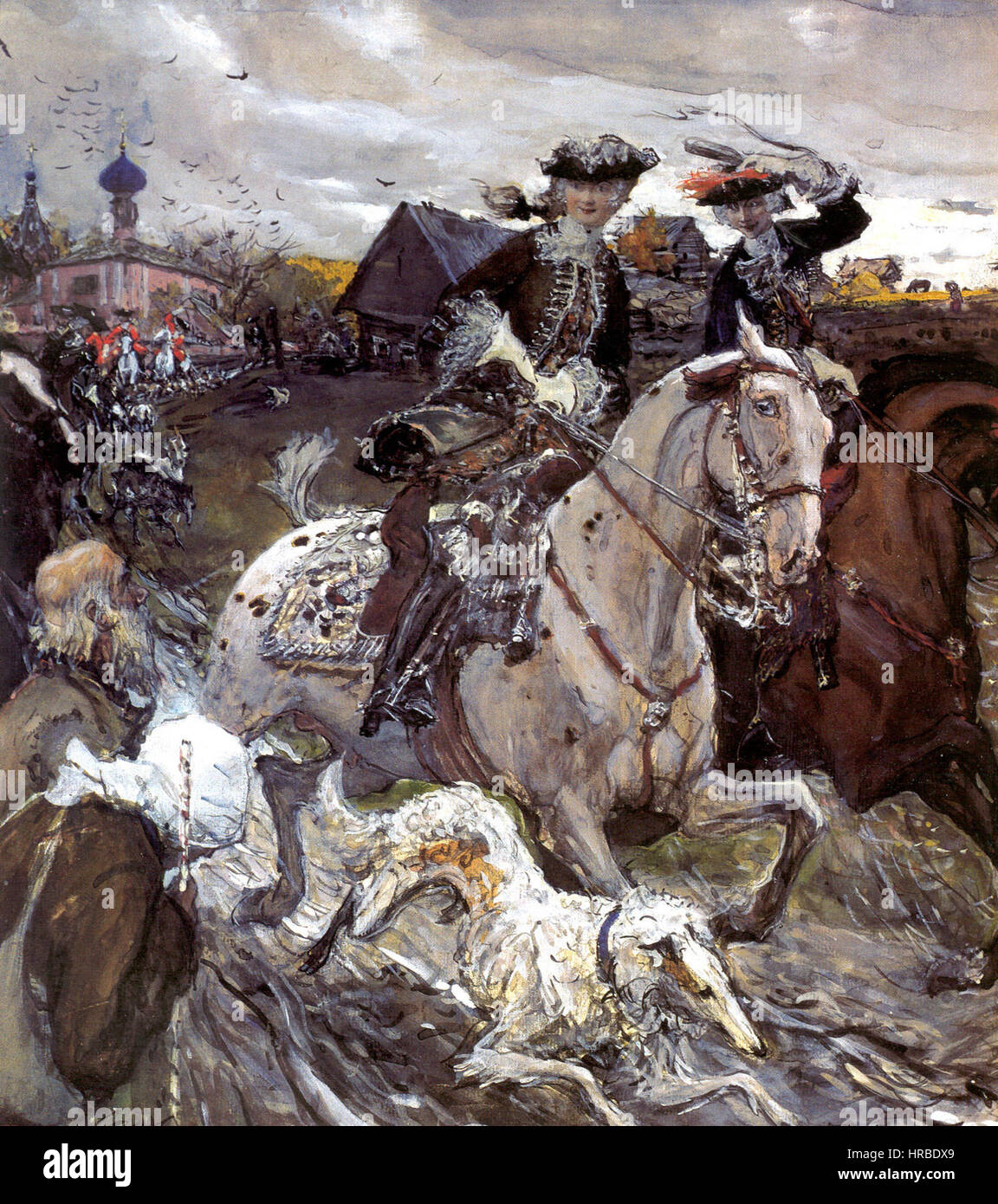 Peter II e la principessa Elizabeth Petrovna a caccia, un'opera in tempera su cartone del 1900 di Walentin Alexandrowitsch Serow, un artista russo. Foto Stock