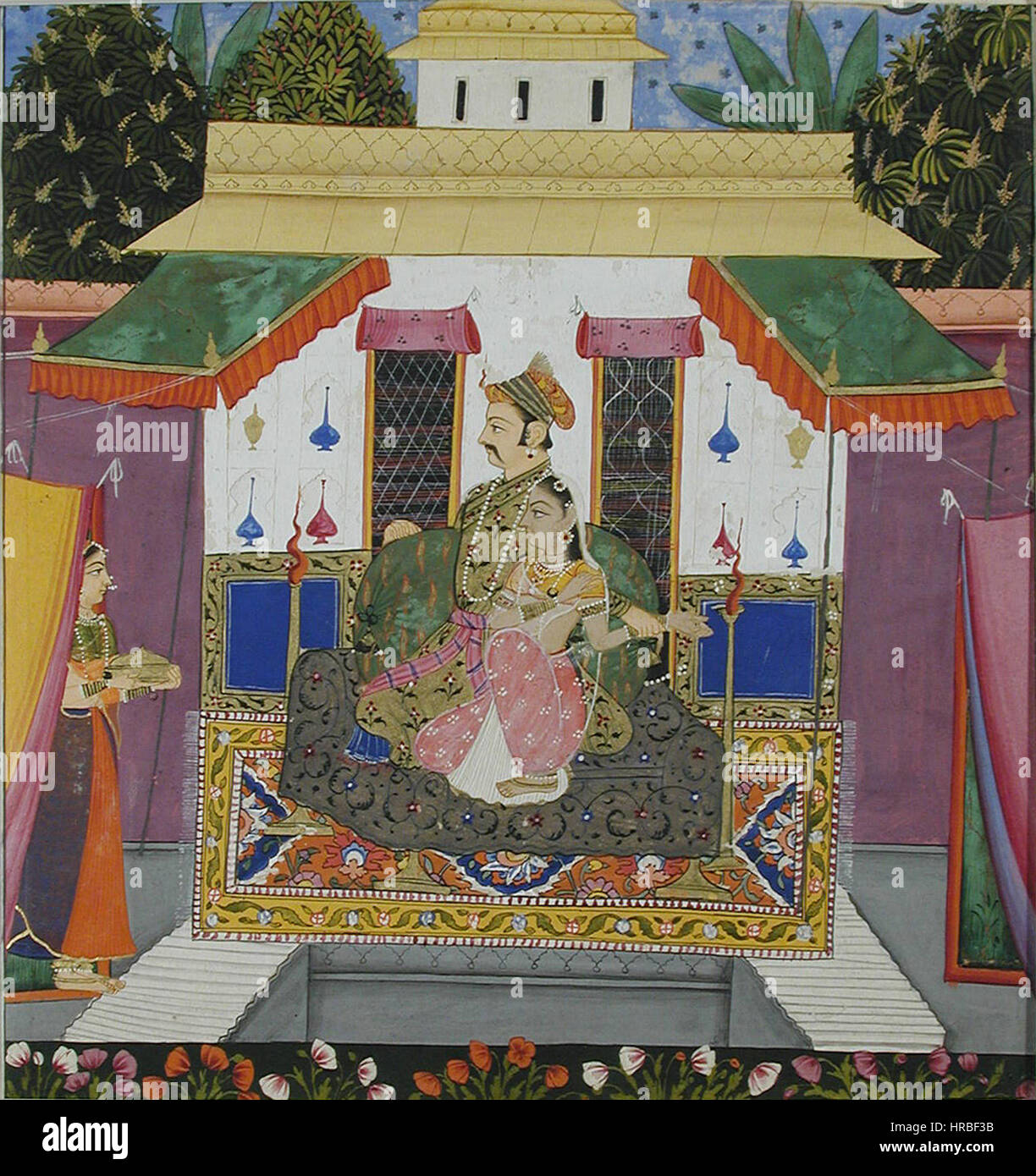 Ragamala, amanti seduti su un lettino, servita da una cameriera (6124543559) Foto Stock