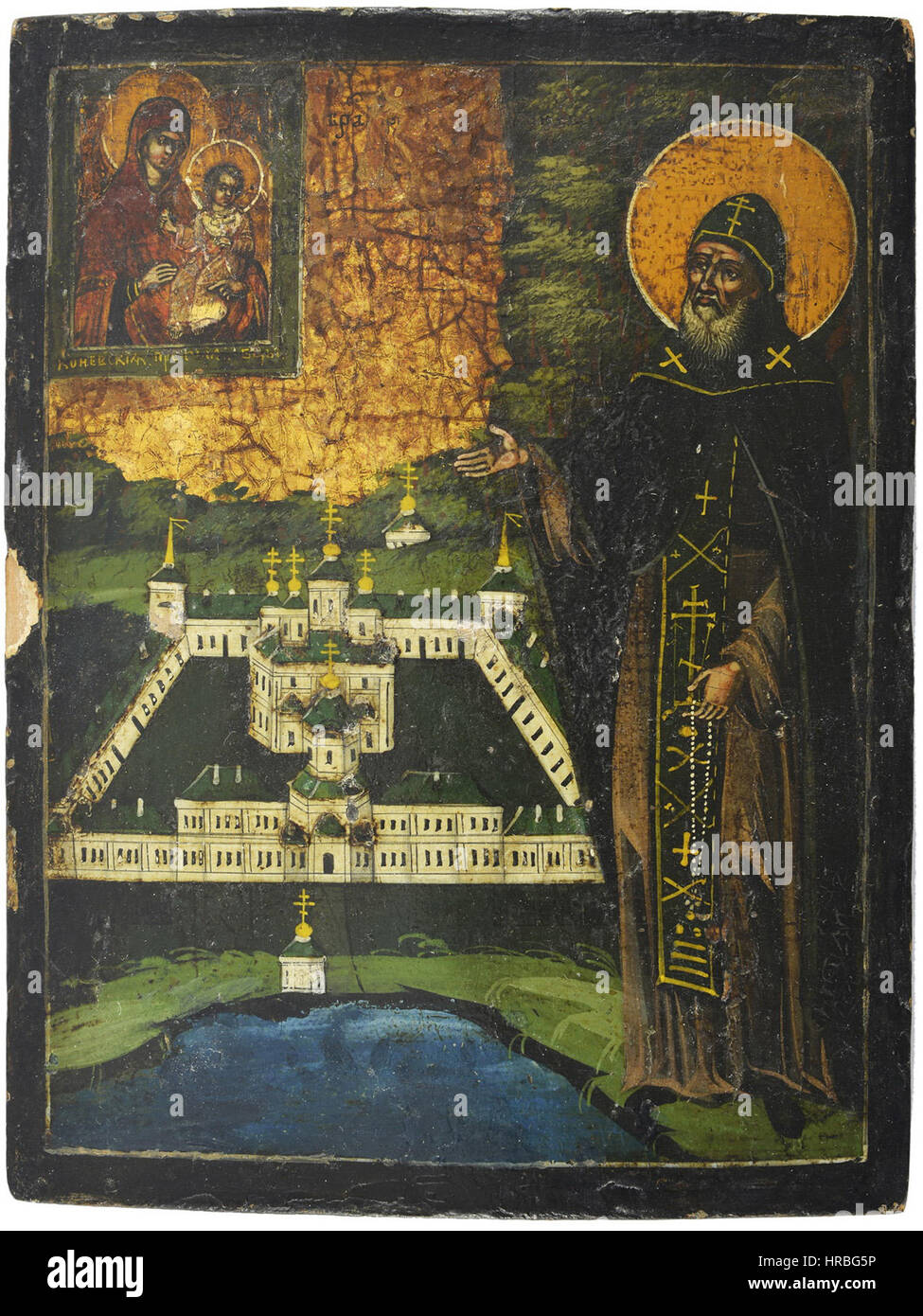 Una fotografia del XIX secolo di un santo con il monastero di Solovki in Russia, da una collezione che comprende icone policrome su pannello, precedentemente di proprietà di Cyrille e Vera Narychkine. Foto Stock