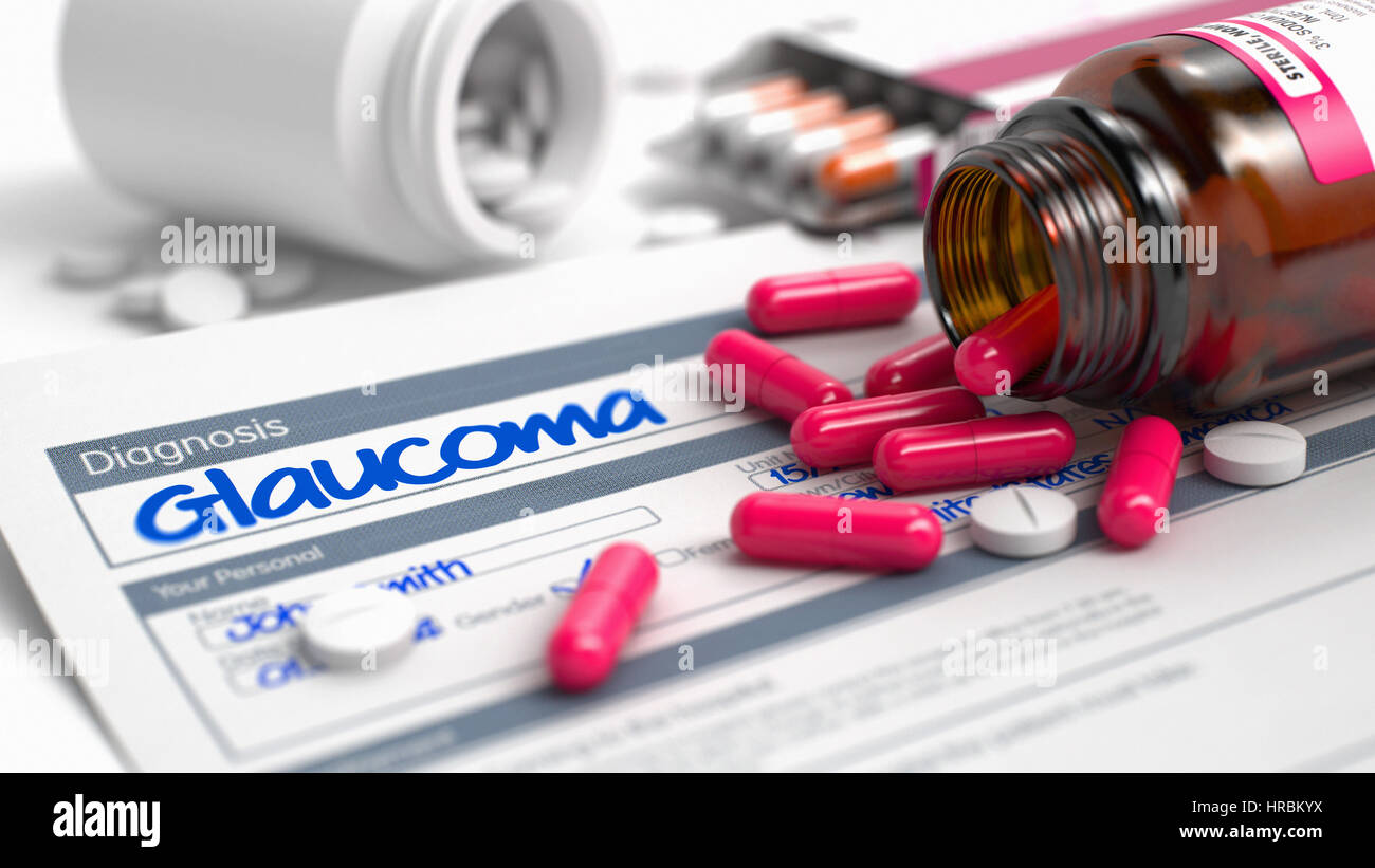 Il glaucoma - Testo nella storia della medicina. 3D Render. Foto Stock