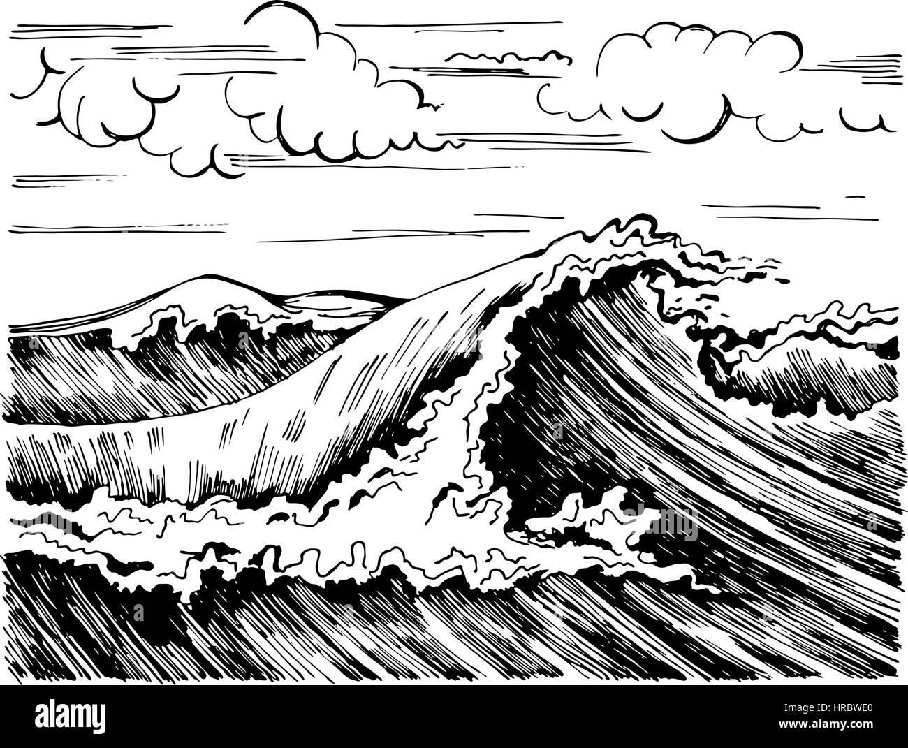 Sea Wave grafica arte bianco nero paesaggio. Illustrazione Vettoriale
