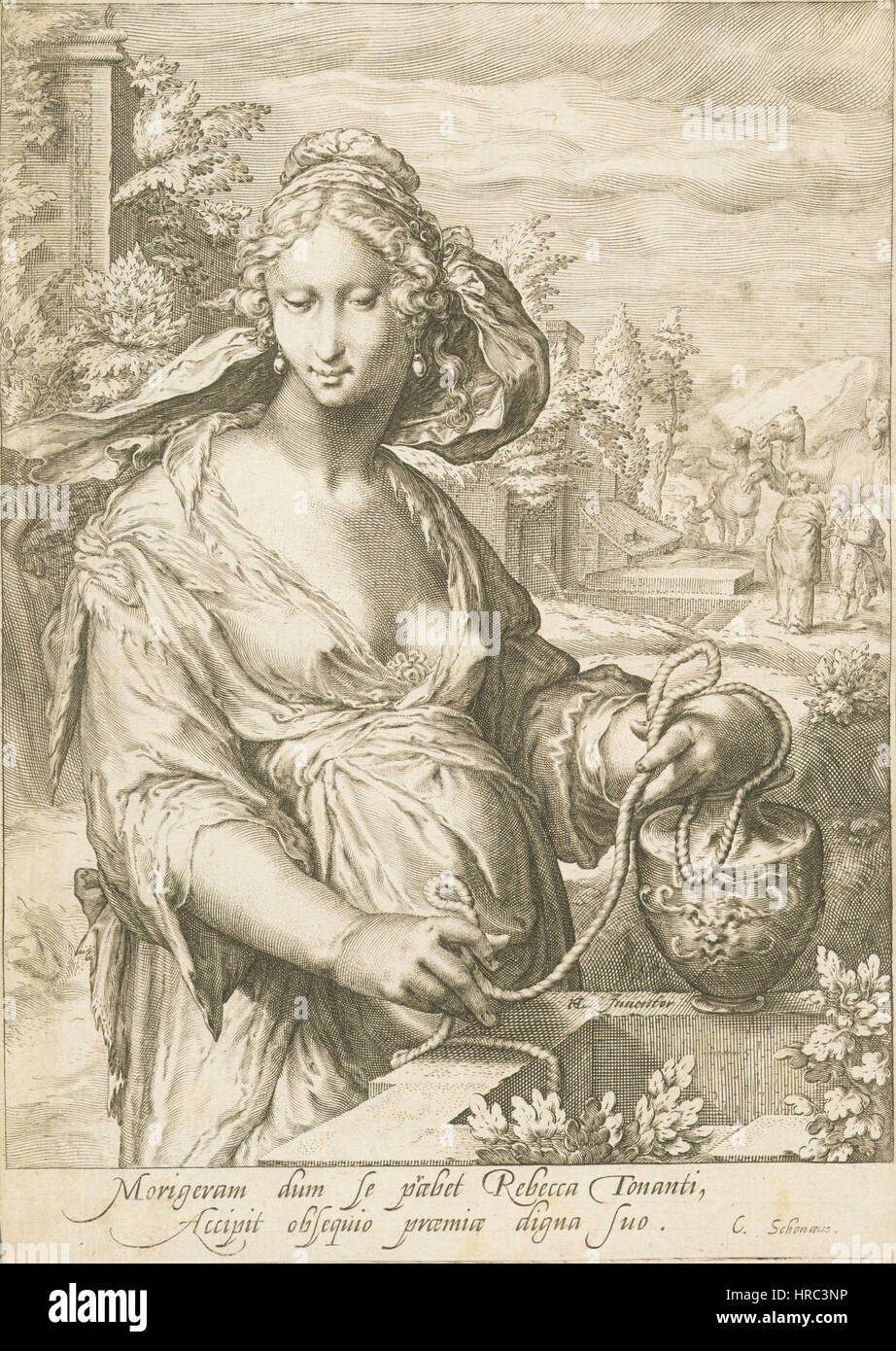 Rebecca al pozzo, un'incisione in rame di Jan Pietersz. Saenredam su disegno di Hendrick Goltzius, circa 1597. Foto Stock