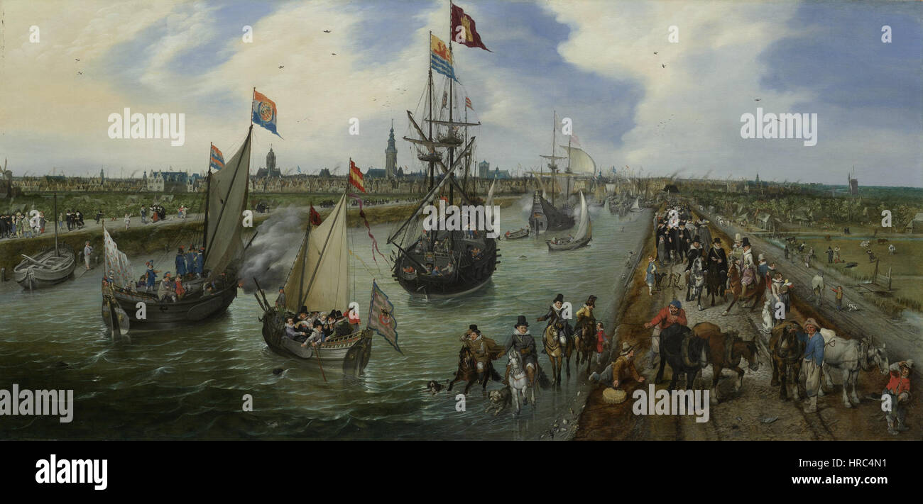 Het vertrek van een hoogwaardigheidsbekleder (Robert Sidney) uit Middelburg - La partenza di un alto funzionario dal porto di Middelburg (Adriaen Pietersz. van de Venne) Foto Stock