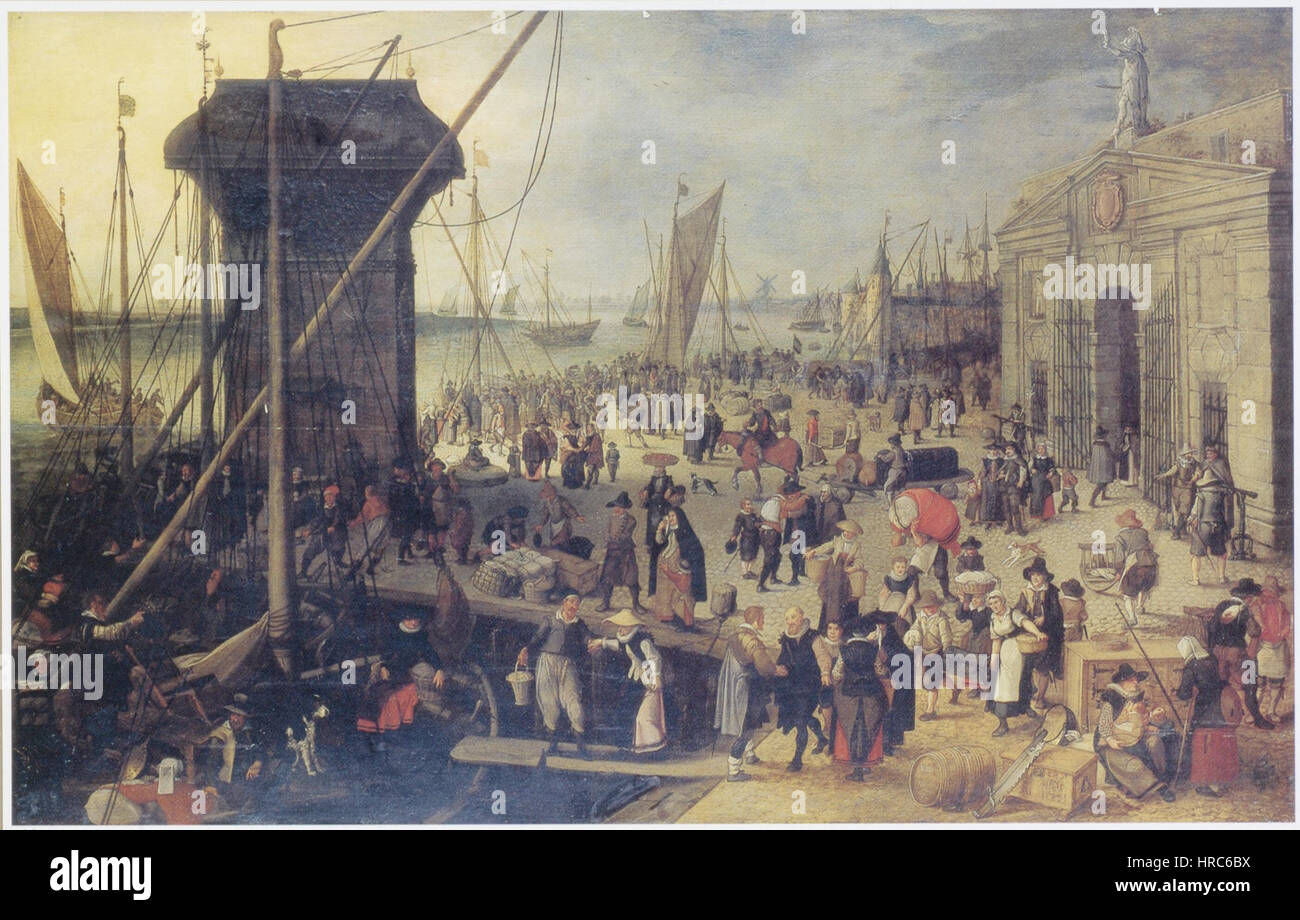 Sebastian Vrancx - Kranenhoofd di Anversa con navi e figure Foto Stock