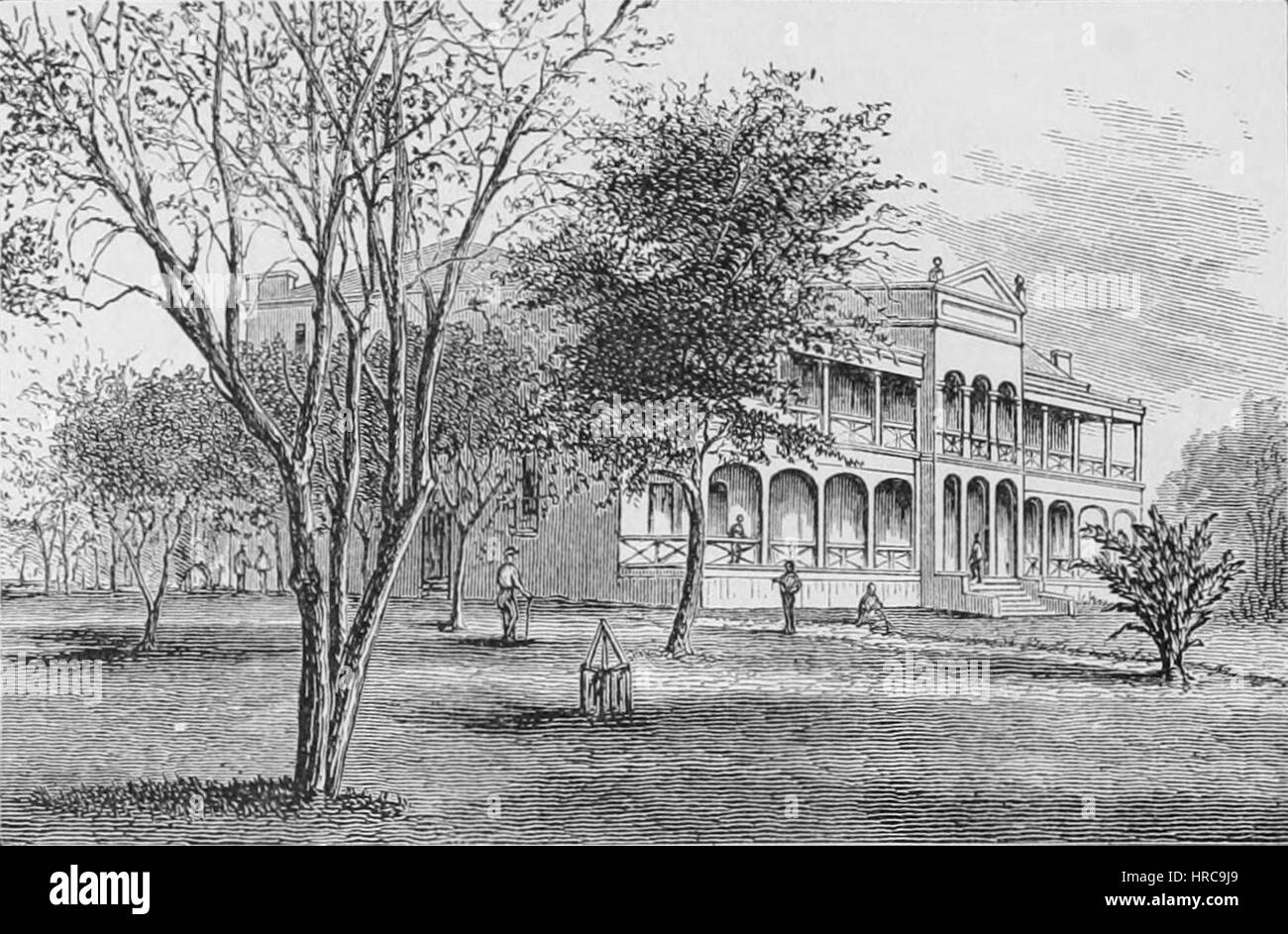 Questa illustrazione degli anni '1870 del Queen's Hospital raffigura una scena dell'ospedale, catturandone le caratteristiche architettoniche e forse le operazioni quotidiane o le cure mediche dell'epoca. L'immagine in bianco e nero fornisce uno sguardo sulle pratiche mediche e sul design ospedaliero della fine del XIX secolo. Foto Stock