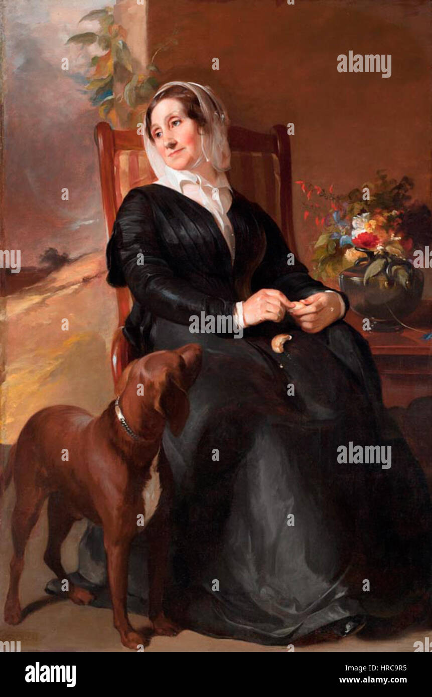 *Ritratto di Sarah Sully e il suo cane, Ponto* di Thomas Sully mostra una donna con il suo cane, catturando un momento intimo e ritraendo il suo stato sociale e la connessione personale con il suo animale domestico. Il dipinto esemplifica la ritrattistica del XIX secolo con attenzione ai dettagli nei vestiti e nella presenza del cane. Foto Stock