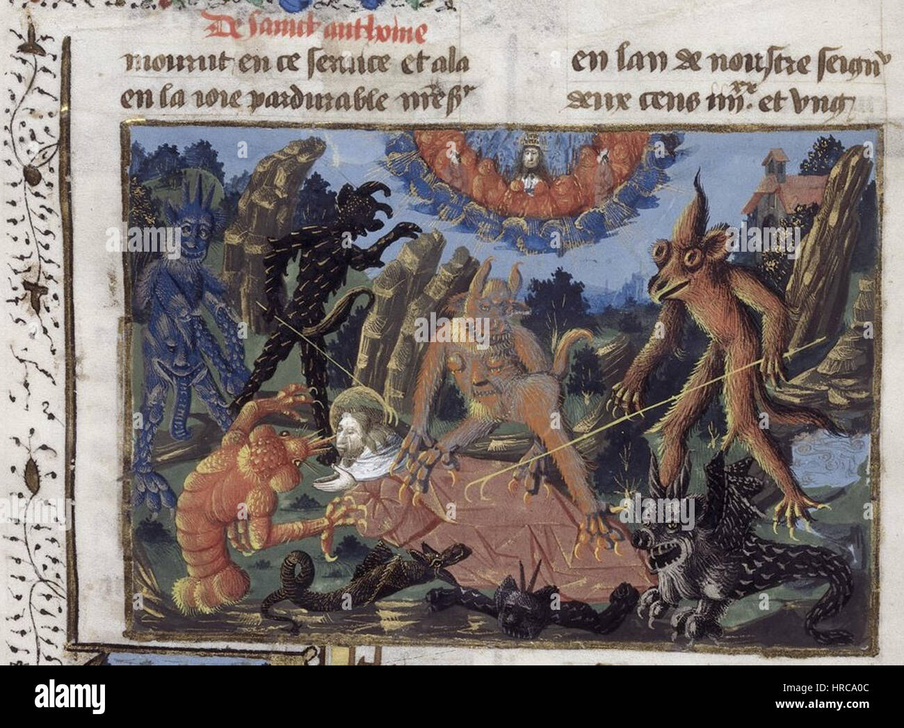 Il dipinto "Sant'Antonio e il Diavolo dell'aragosta" ritrae Sant'Antonio che affronta una creatura simile a un diavolo con le caratteristiche di un'aragosta. L'opera simboleggia la battaglia spirituale tra il bene e il male, comune nell'arte religiosa. Foto Stock