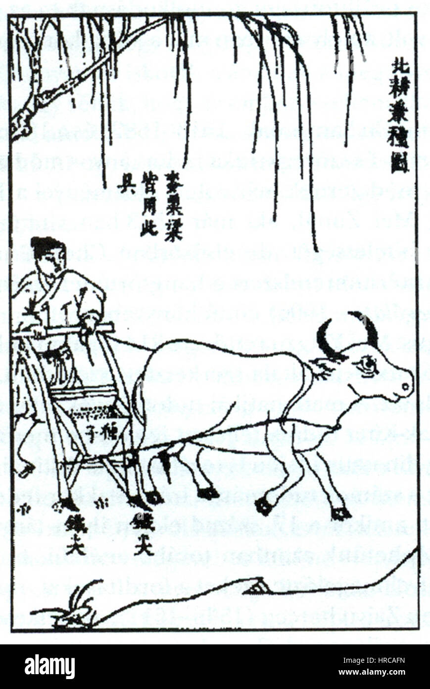La macchina per la semina, originaria della dinastia Ming, rappresenta un’innovazione agricola avanzata, che facilita pratiche di piantagione più efficienti e contribuisce allo sviluppo agricolo della Cina durante il XV secolo. Foto Stock