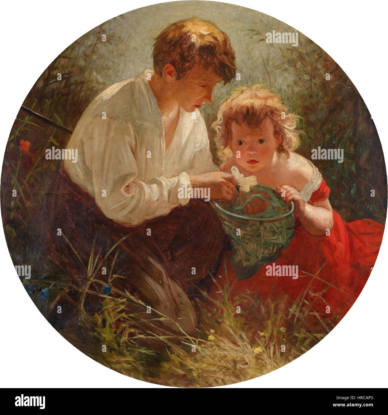 Questo dipinto italiano del XIX secolo raffigura un fratello e una sorella che catturano farfalle, incarnando l'innocenza e la bellezza dell'infanzia. L'opera d'arte enfatizza la natura e la connessione familiare in un ambiente romanticizzato. Foto Stock