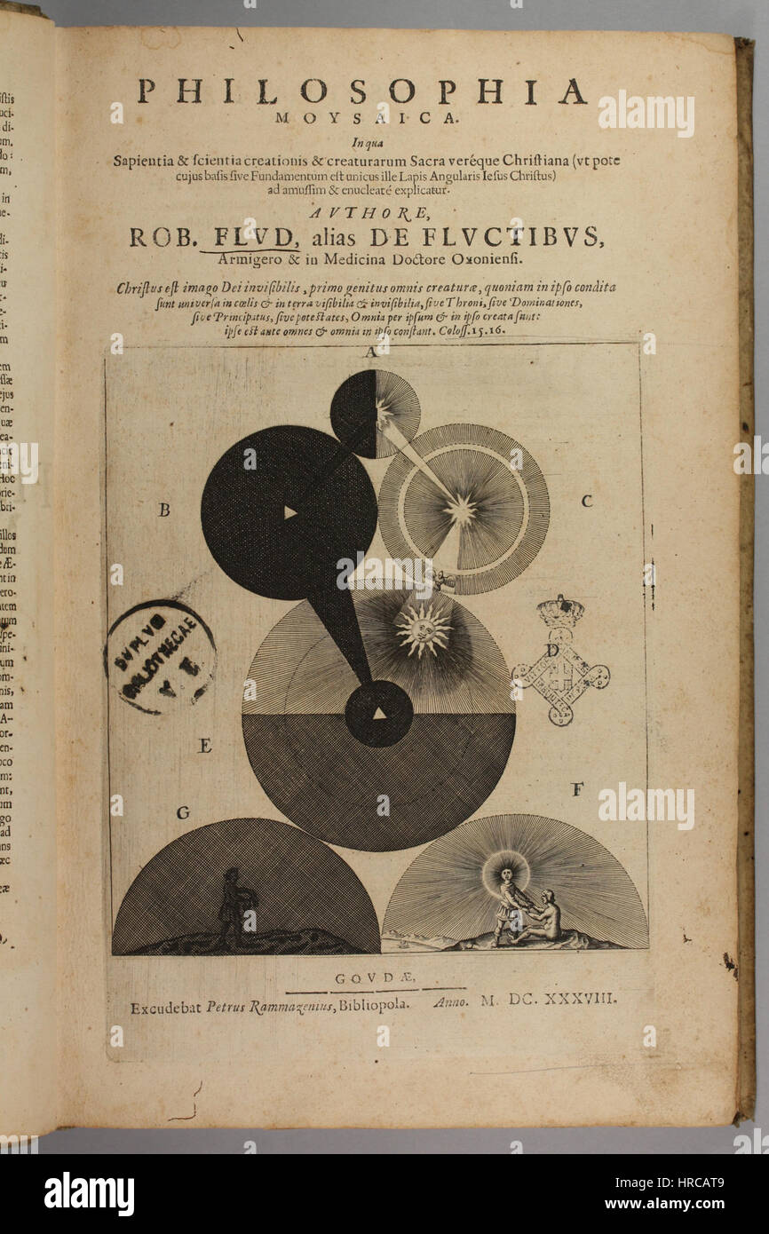 "Philosophphia Moysaica" di Robert Fludd, pubblicato nel 1638, è un'opera che unisce misticismo, scienza e filosofia. Il libro di Fludd presenta una complessa interpretazione della relazione tra il mondo materiale e quello spirituale, utilizzando sia elementi testuali che visivi. È un esempio chiave del pensiero rinascimentale e della sua fusione di tradizioni intellettuali ed esoteriche. Foto Stock
