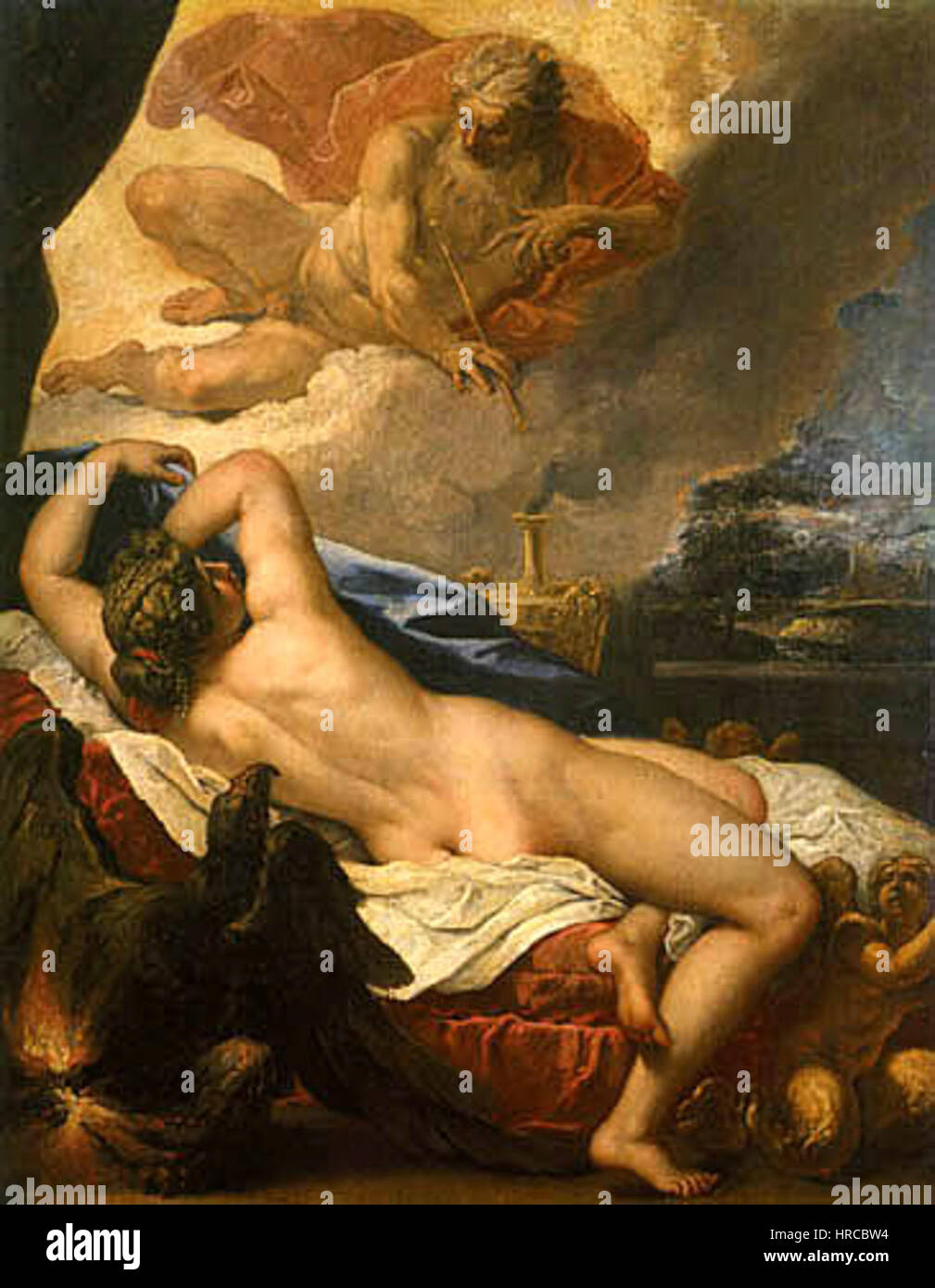 Il *Dioniso* di Sebastiano Ricci (1695) ritrae il dio romano del vino, della rivelazione e dell'estasi. La composizione dinamica e la ricca tavolozza dei colori sottolineano la natura esuberante del dio, riflettendo il drammatico uso della luce e del movimento da parte dello stile barocco. Foto Stock