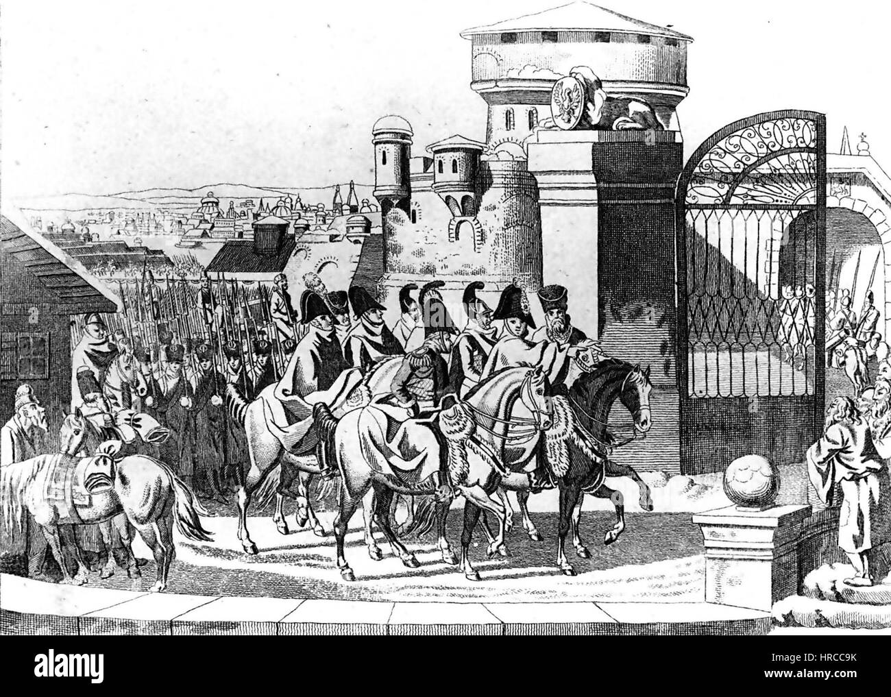 Il dipinto dell'esercito russo entrato a Varsavia nel 1813 raffigura un momento storico durante la guerra della Sesta coalizione. Evidenzia l'ingresso delle forze russe nella città come parte della campagna per sconfiggere le forze di Napoleone, segnando un punto di svolta nelle guerre napoleoniche. Foto Stock