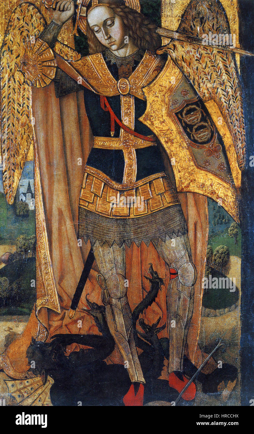 "San Michele Arcangelo" del Maestro di Castelsardo ritrae l'arcangelo Michele. Noto per il suo ruolo di guerriero divino, questo dipinto mostra Michael che sconfigge il male, simboleggiando il bene che trionfa sull'oscurità. L'opera è un bell'esempio di arte gotica italiana, con colori vivaci e simbolismo spirituale. Foto Stock