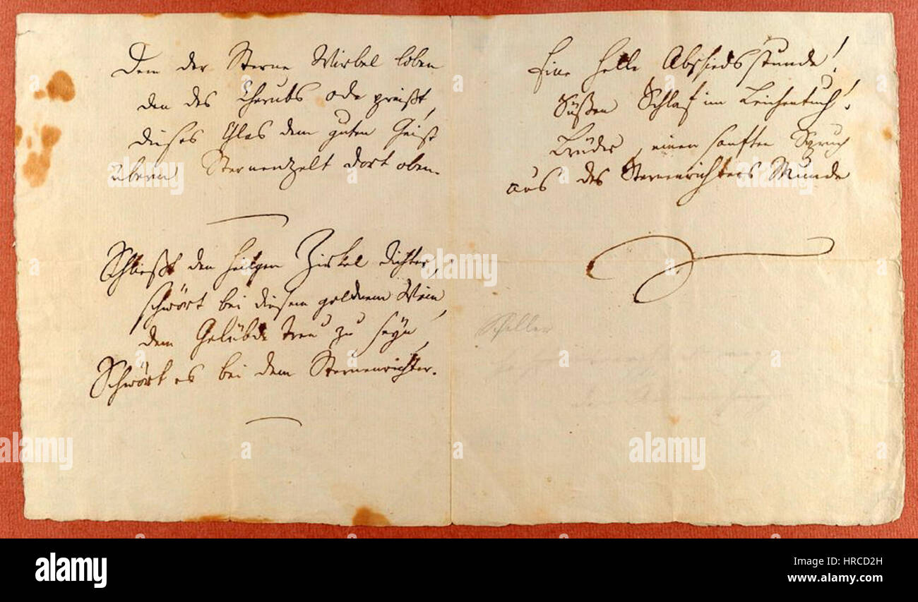 Il manoscritto "An die Freude" di Friedrich Schiller è un'opera poetica che è diventata un simbolo di unità e fratellanza. L'espressione lirica di Schiller ha contribuito al patrimonio culturale dell'Europa, spesso associato agli ideali dell'Illuminismo. Foto Stock