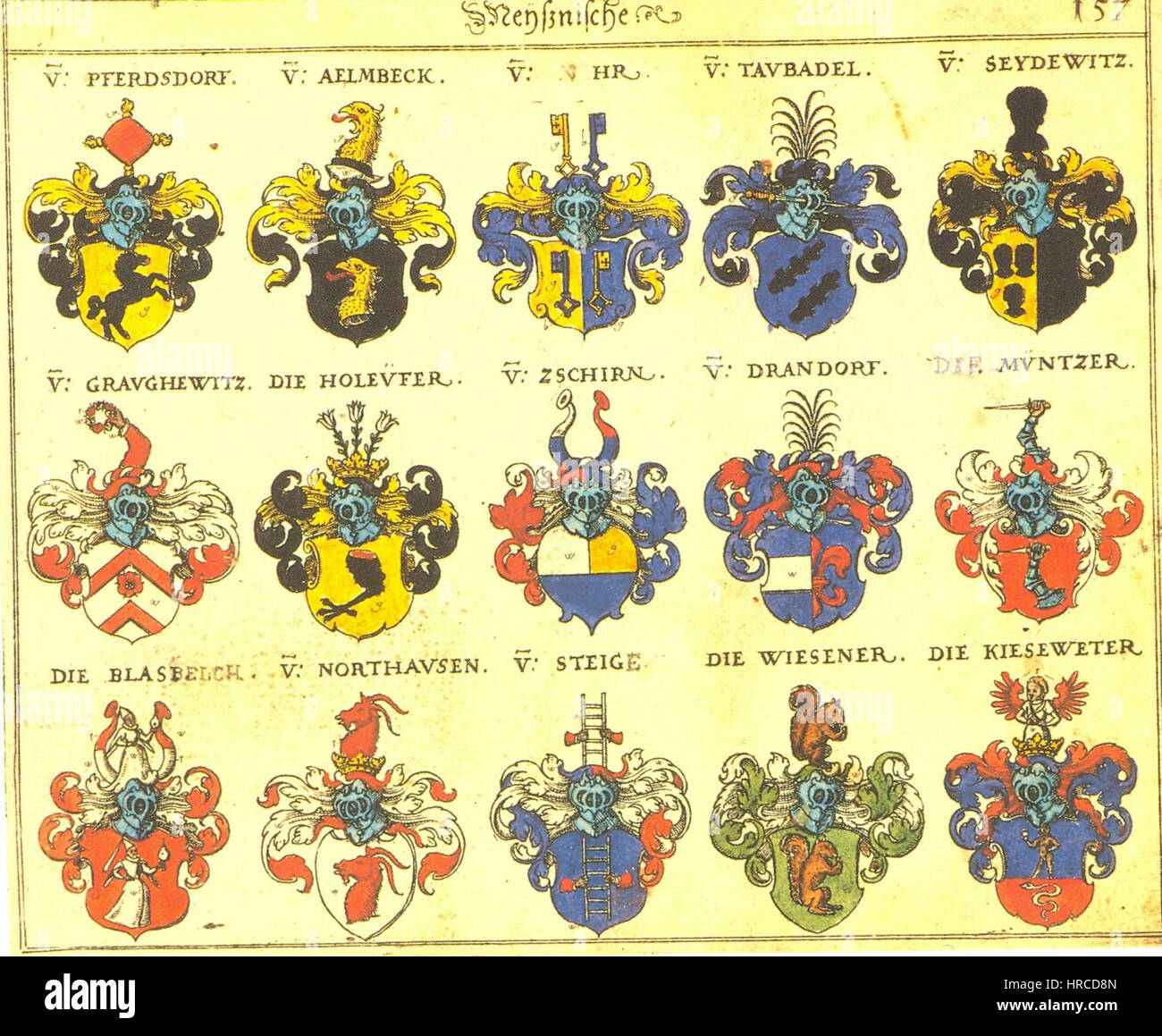 Il 157° lavoro di Siebmacher illustra i disegni araldici e il simbolismo tipici del suo stile. Il pezzo rappresenta intricati stemmi familiari e insegne reali, che riflettono lo status sociale e politico delle famiglie e delle figure raffigurate. Foto Stock