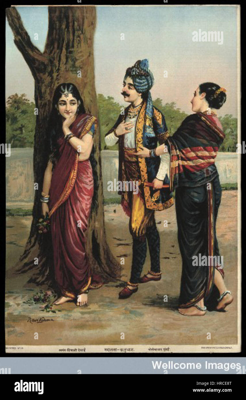 Il corteggiamento Ratudhvaja Madalasa con l aiuto di un chaperone femmina. Chromolithograph da R. Varma. Foto Stock
