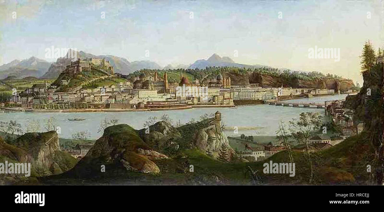 La rappresentazione di Salisburgo di Reiffenstuhl intorno al 1830 cattura la bellezza architettonica della città e il suo paesaggio, mostrando la miscela di elementi urbani e naturali caratteristici del periodo. Foto Stock