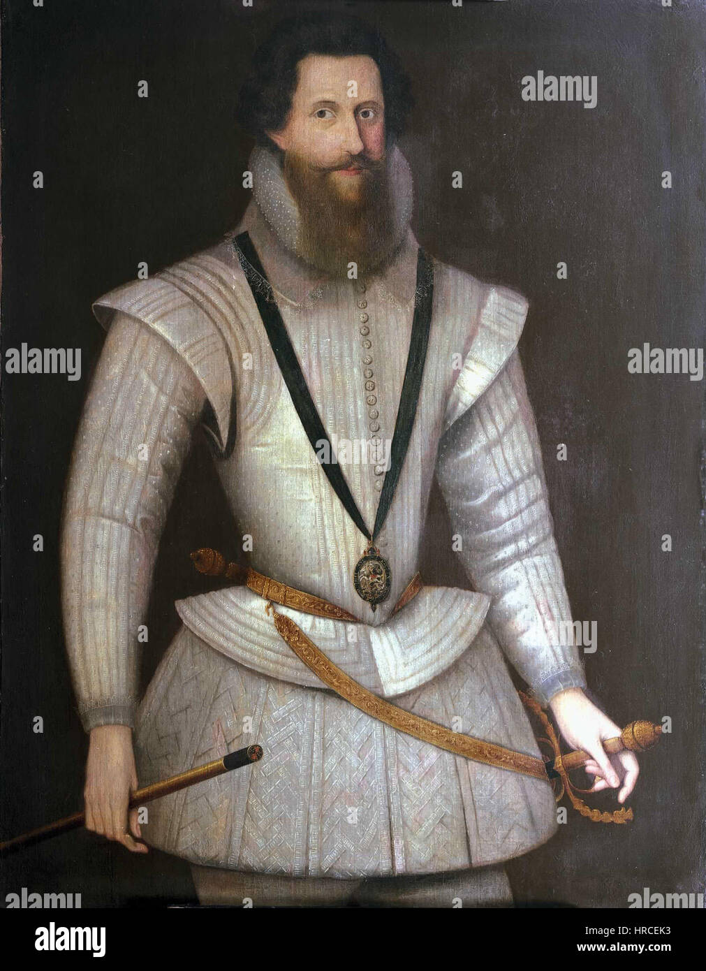 Questo ritratto di Robert Devereux Gheeraerts cattura la somiglianza di Robert Devereux, II conte di Essex, noto per la sua carriera militare e la sua influenza politica nell'Inghilterra elisabettiana. Il dipinto dettagliato evidenzia lo stato nobile e il potere del soggetto. Foto Stock
