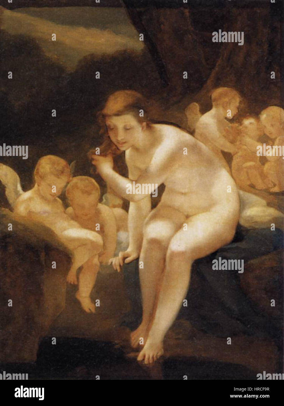 "Venere bagno o innocenza" di Pierre-Paul Prud'hon, 1810 circa, ritrae la dea mitologica Venere in una posa serena e innocente, evocando temi di purezza e bellezza. Le linee morbide e fluide e i colori pastello di questo dipinto neoclassico evidenziano la maestria di Prud’hon nel ritrarre la femminilità divina. Foto Stock