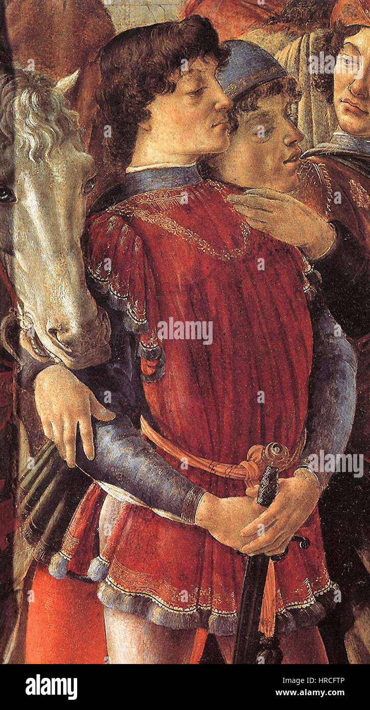 L'Adorazione dei Magi di Sandro Botticelli è un noto dipinto rinascimentale. Questo dettaglio si concentra sulle figure dei Magi mentre presentano doni al bambino Gesù. I dettagli meticolosi di Botticelli e l'uso morbido del colore danno vita alla scena, catturando il riverbero del momento. Foto Stock