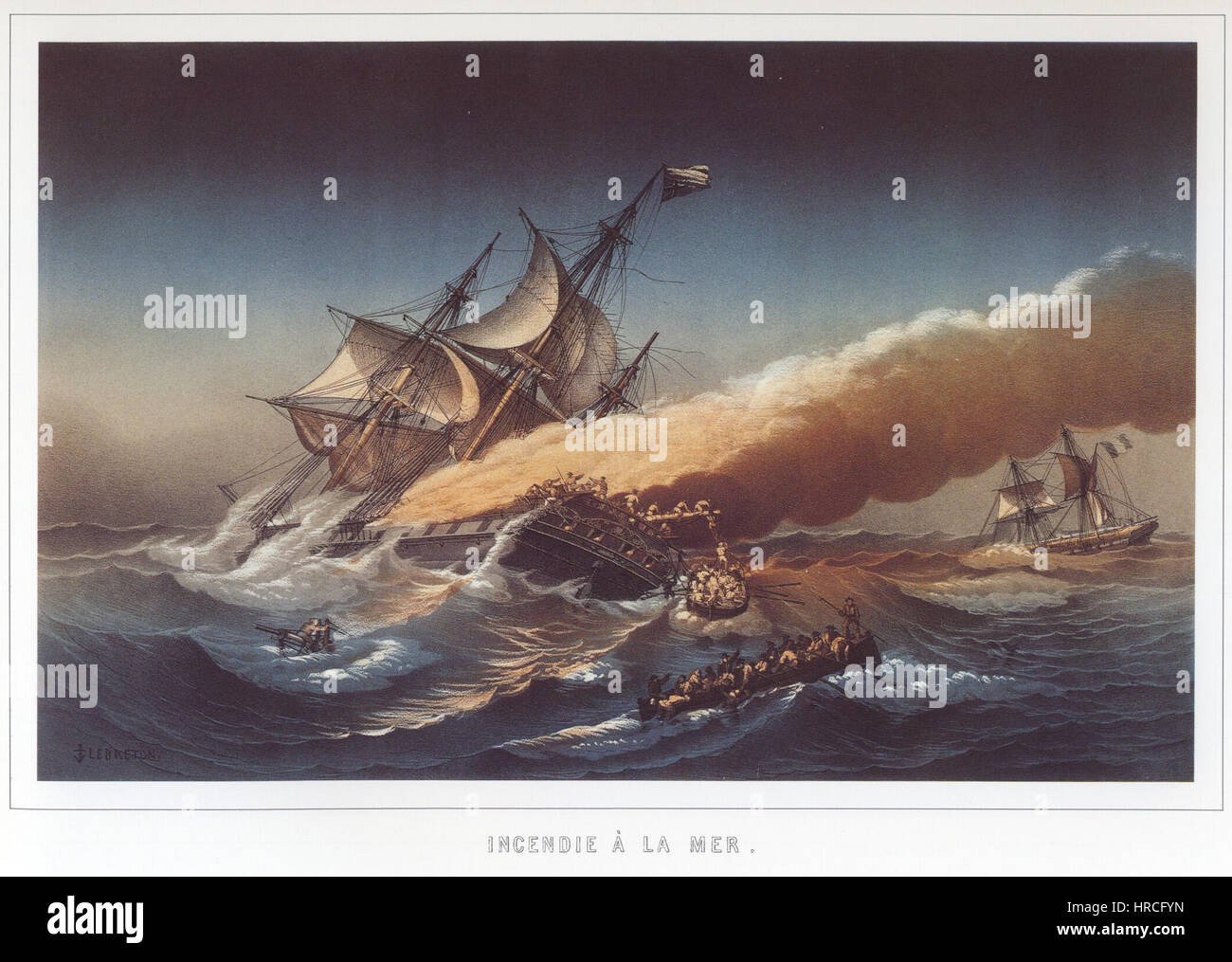 Il dipinto "nave sul fuoco" di Jean-Baptiste Louis Lebreton raffigura una drammatica scena marittima. L'immagine si concentra su una nave in fiamme in mare, catturando il caos e l'intensità del fuoco, con colori vivaci e una composizione dinamica che enfatizzano la forza distruttiva delle fiamme. Foto Stock