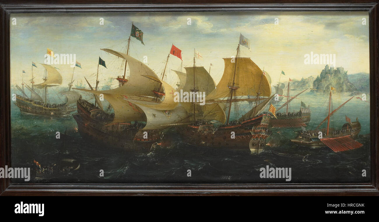 Lo "Slag bij Cadice" o battaglia di Cadice raffigura un conflitto navale durante l'inizio del XIX secolo. Il dipinto cattura l'intensità drammatica della battaglia in mare, mettendo in evidenza le navi e l'azione nel conflitto. Foto Stock