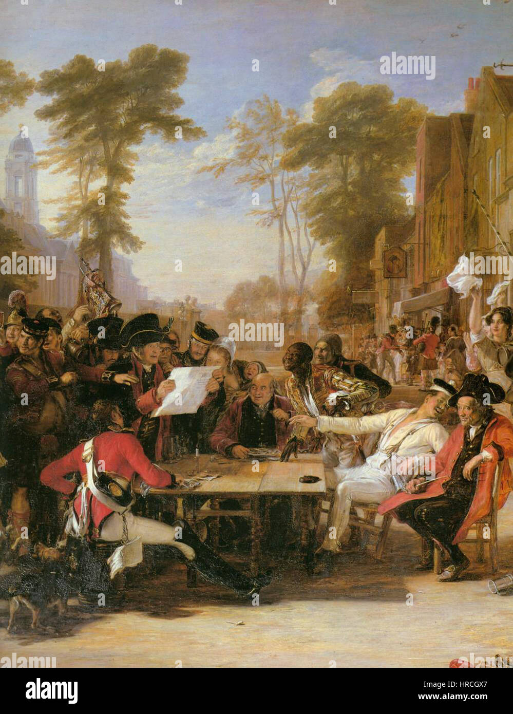 Un dettaglio da "Chelsea Pensioners Reading the Waterloo Dispatch", un dipinto a olio su tela di Sir David Wilkie, un artista scozzese, creato tra il 1818 e il 1822, che raffigura pensionati di Chelsea che leggono le notizie della battaglia di Waterloo. Foto Stock