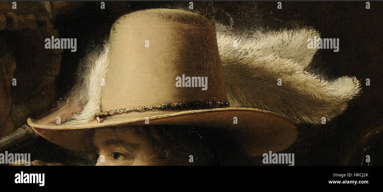 Questo dettaglio del famoso dipinto di Rembrandt "la guardia di notte" si concentra sull'elaborato cappello di una delle figure. Il dipinto, rinomato per il suo uso drammatico di luce e ombra, cattura un momento di orgoglio civico e di prontezza militare nella Amsterdam del XVII secolo. Foto Stock