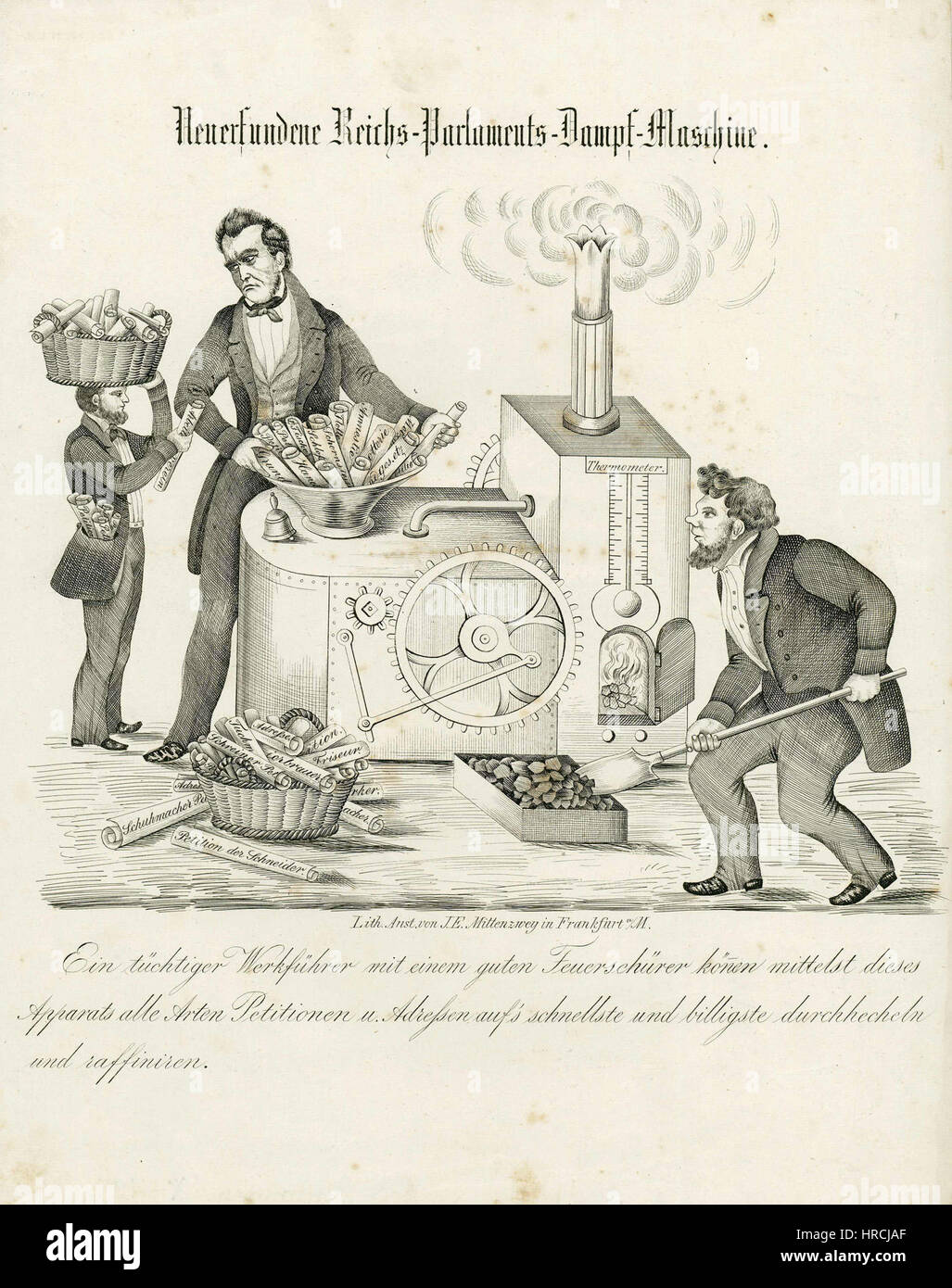 Il Reichs-Parlaments-Dampf-Maschine del 1848 si riferisce a un motore a vapore utilizzato nel Parlamento tedesco. Rappresenta i progressi industriali in Germania durante la metà del XIX secolo e il loro impatto sui processi parlamentari e politici. Foto Stock