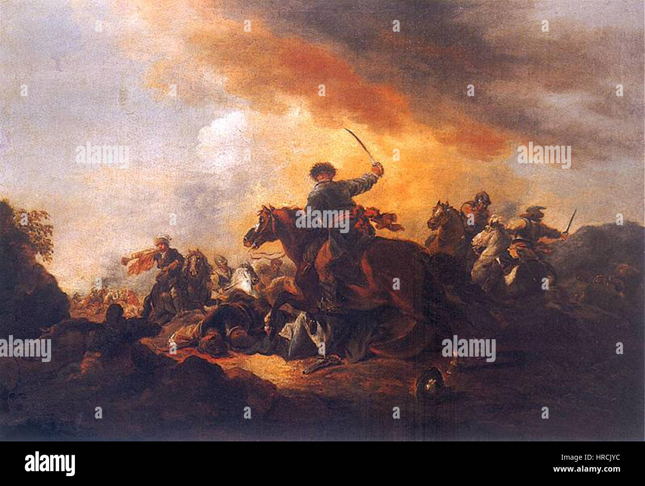 "Scena batalistyczna" è una rappresentazione drammatica di una scena di battaglia, che mostra l'intensità e l'azione della guerra, un genere che spesso cattura la storia militare e il caos dei combattimenti. Foto Stock