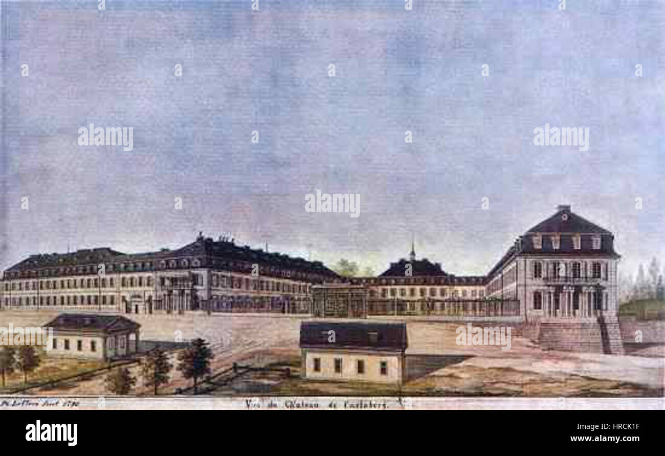 Schloss Karlsberg Leclerc è una rappresentazione del castello di Karlsberg, uno storico castello situato in Germania. L'immagine mette in evidenza le caratteristiche architettoniche del castello, concentrandosi sulla sua grandezza e sul suo significato storico. Lo Schloss Karlsberg ha svolto un ruolo importante nella storia della regione, fungendo da centro culturale e politico in passato, e la rappresentazione offre uno scorcio del suo ricco patrimonio e del suo design. Foto Stock