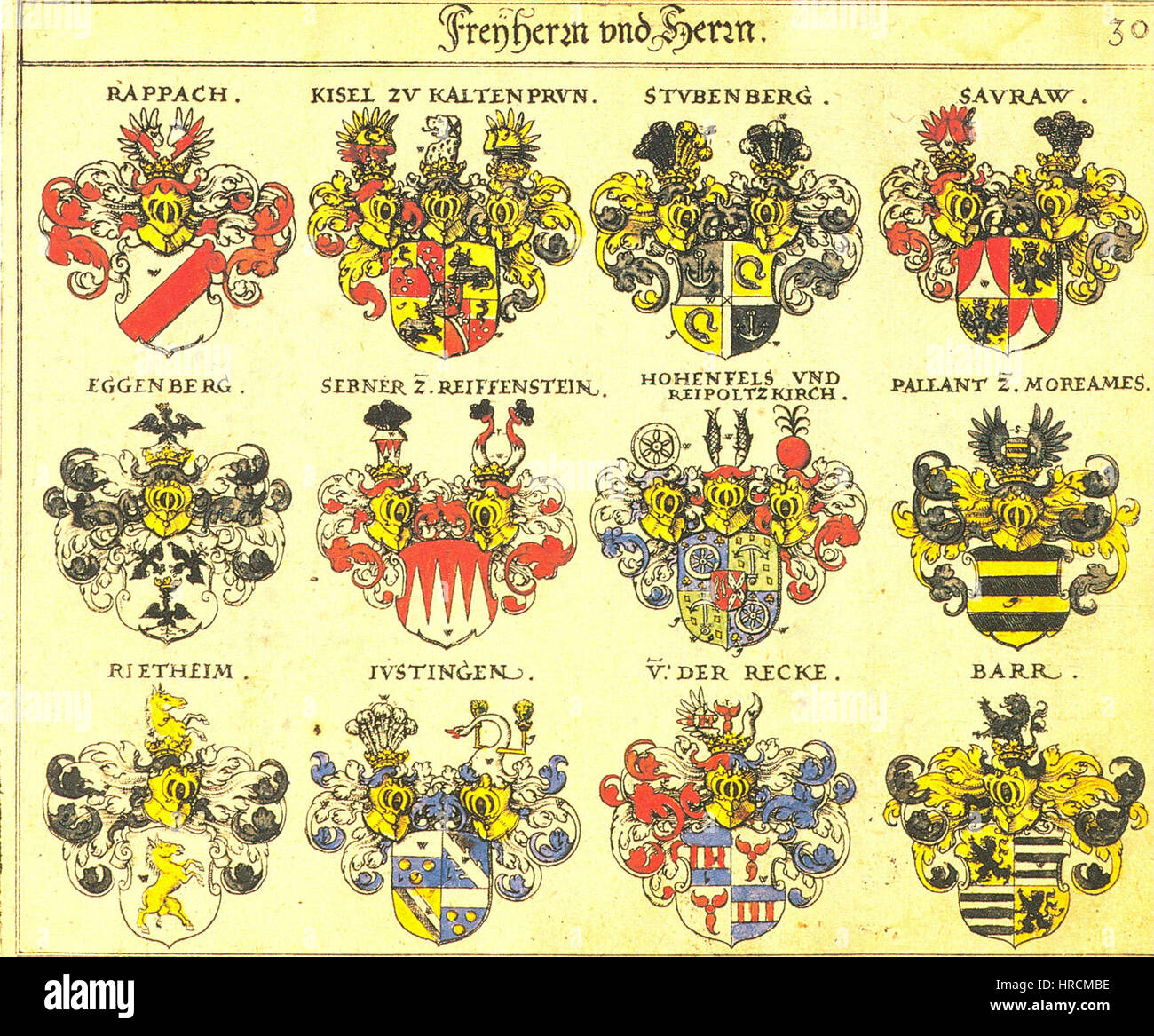 Questa opera d'arte di Siebmacher, un artista tedesco, presenta un dettagliato disegno araldico, spesso mostrando gli intricati stemmi tipici del suo lavoro. Siebmacher era noto per i suoi contributi allo studio e alla creazione di armature e arte araldica durante il XVI e XVII secolo. Foto Stock