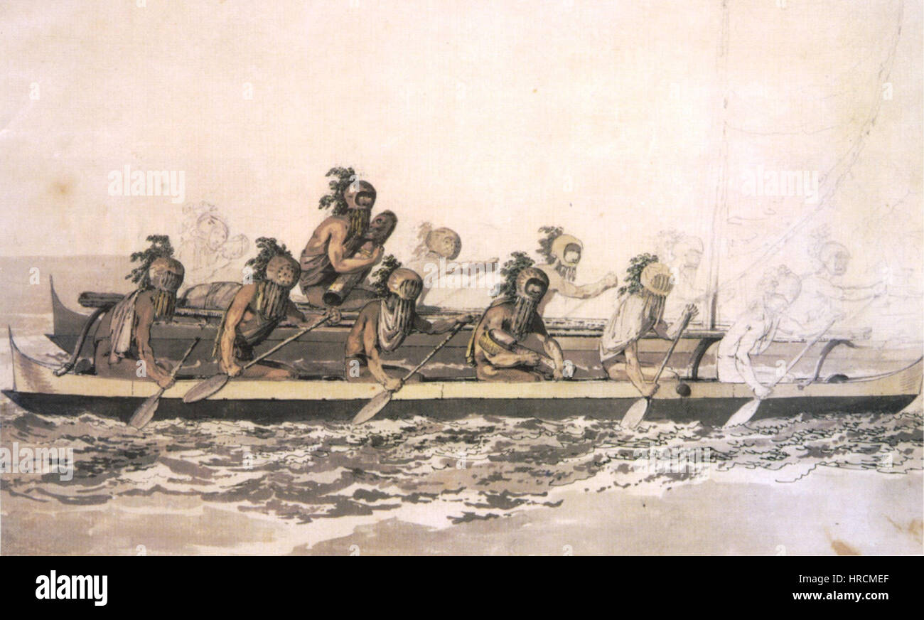 "Canoa delle isole Sandwich australi regatanti mascherato", da John Webber, c. 1778 Foto Stock