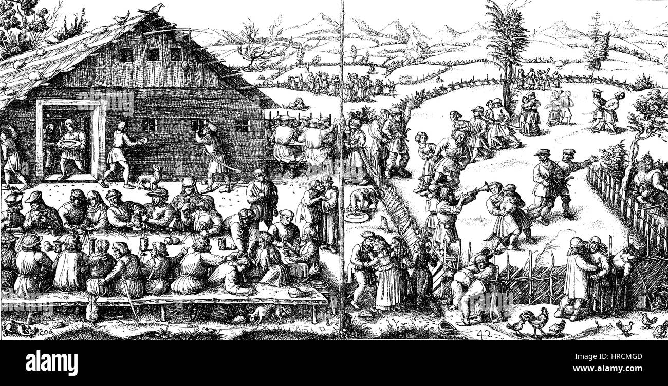 Una festa, banchetti, nel villaggio, sulla sinistra, i contadini a banchetto, e sulla destra la danza sul prato, facsimile dell'incisione su rame di Daniel Hopfer, intorno al 1500, Germania, riproduzione di una xilografia dal xix secolo, 1885 Foto Stock